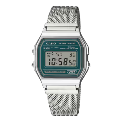 Die Casio Digital Metallband Uhr, Modell A158WEM-3EF, besticht durch ihr silberfarbenes Milanaise-Armband aus echtem Leder. Sie verf&uuml;gt &uuml;ber eine digitale Anzeige, Datumsfunktion und ein quadratisches Edelstahlgeh&auml;use. Ideal f&uuml;r den t&auml;glichen Gebrauch. Die Uhr ist stilvoll zu formellen sowie l&auml;ssigen Outfits und kann hervorragend im B&uuml;ro oder zu besonderen Anl&auml;ssen getragen werden.