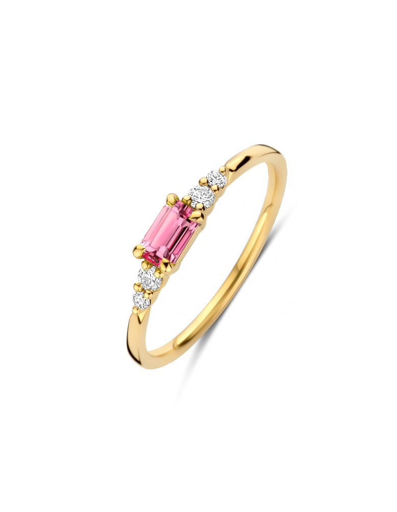 CASA is een verfijnde geel gouden ring met 0.10 crt. H/Si briljant geslepen diamanten en een prachtige rechthoekige Pink Tourmaline.
