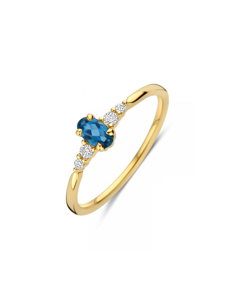 LOVO is een verfijnde geel gouden ring met 0.07 crt. H/Si briljant geslepen diamanten en een prachtige ovale London Blue Topaz.