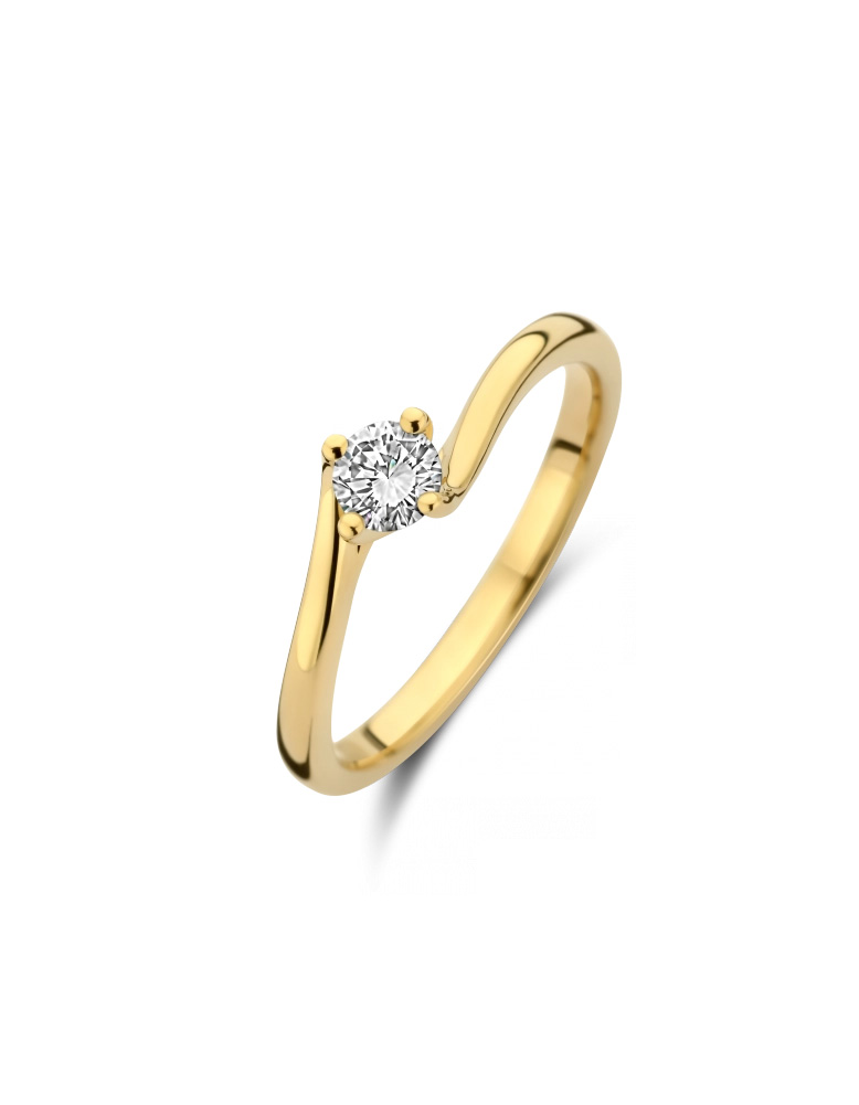 Deze tijdloze 14 karaats gouden slag solitair ring, model FLUENTE, bevat een schitterende briljant geslepen diamant. Model FLUENTE is geschikt voor elke hand en perfect voor iedere gelegenheid. Fantastisch te combineren tot een complete set met de CLASSICO hanger model 405 en oorsieraden model 951
