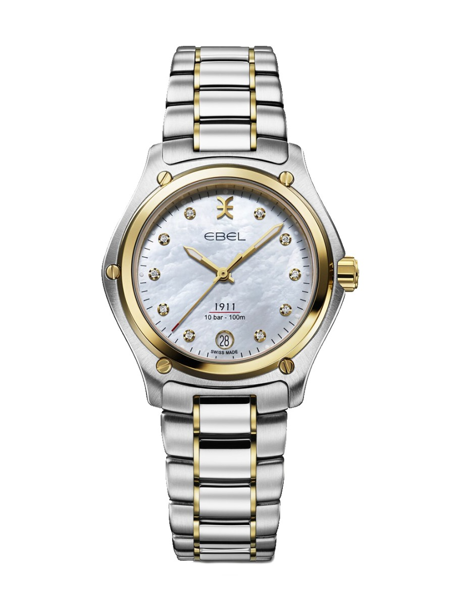 De Ebel 1216580, model EB1216580, is een elegante dameshorloge uit de 1911 serie. Met Zwitsers quartz uurwerk, een roestvrijstalen kast (34mm), saffierglas en waterdichtheid tot 100 meter. De wijzerplaat heeft echte diamanten en een parelmoer afwerking. Perfect te dragen bij zowel formele als casual outfits dankzij de goud-zilver roestvrijstalen band. Geschikt voor allergieën.