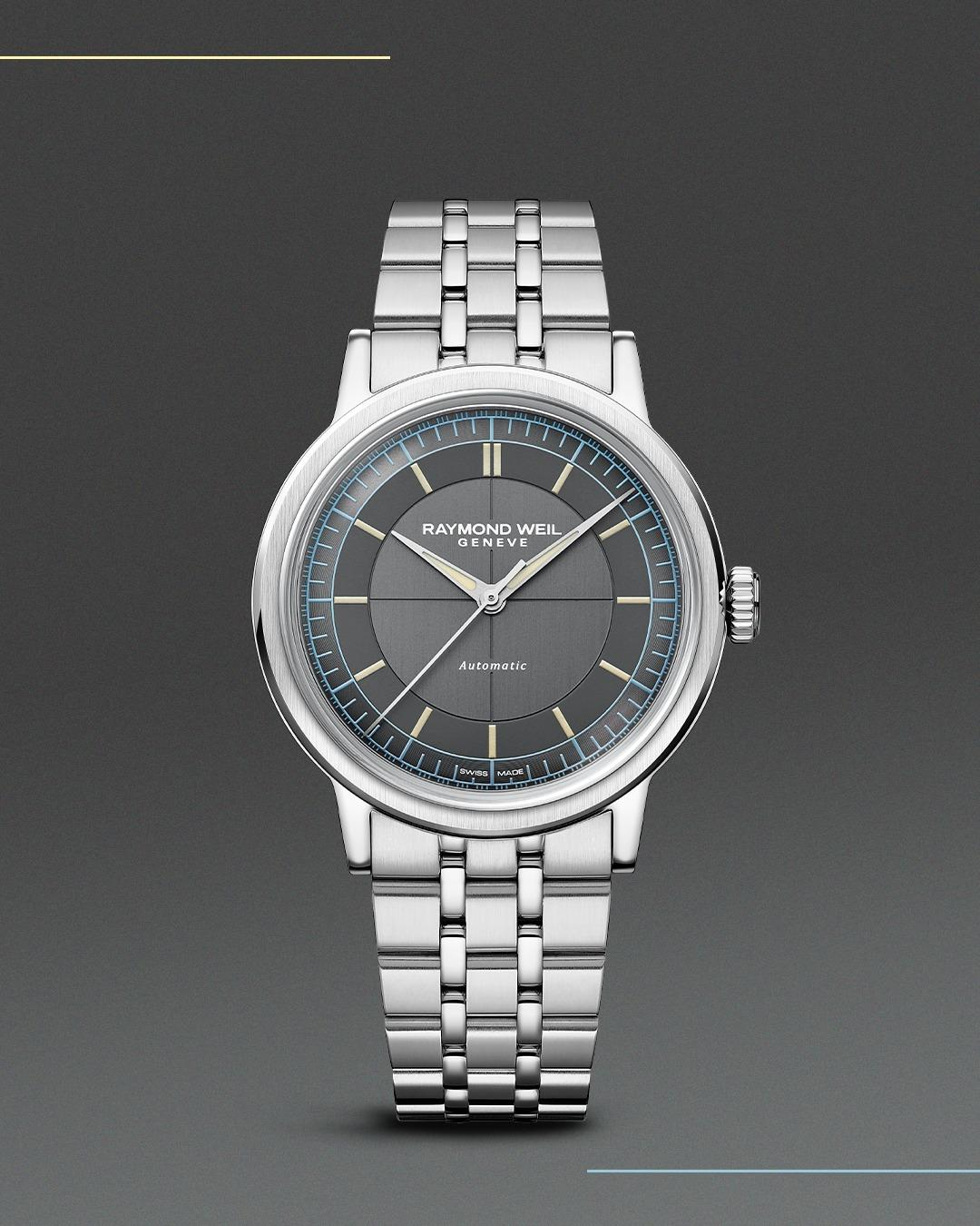 Automatic Raymond Weil uurwerk met grijze wijzerplaat. 
Het Raymond Weil Millesime 2925-ST-60011 is een elegant, vintage-ge&iuml;nspireerd automaathorloge met een moderne twist. De stijlvolle sector-wijzerplaat in antraciet, het bolvormige saffierglas en de slanke 39 mm stalen kast geven het een tijdloos karakter. 