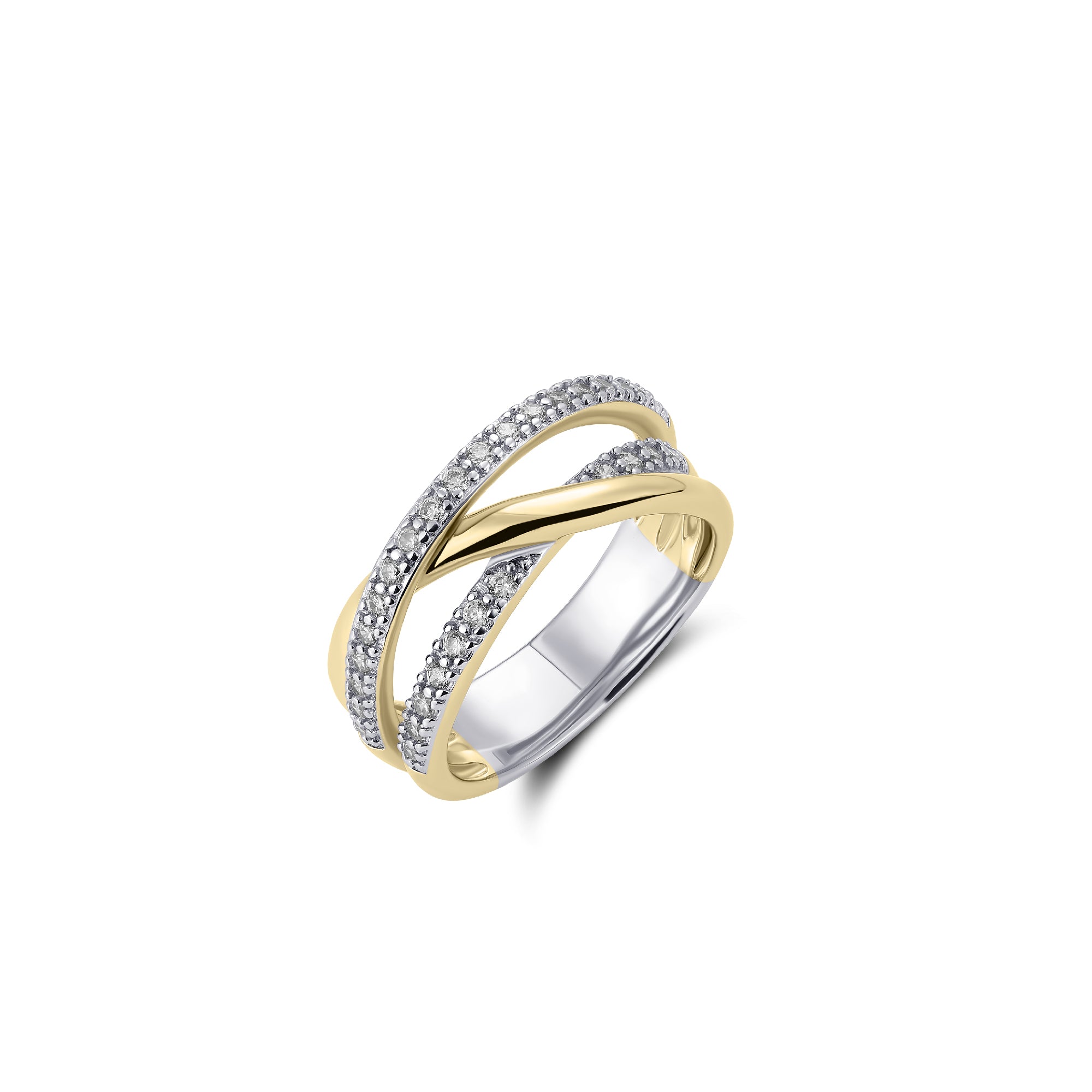 Luxe zilveren cross over ring goldplated met zirkonia's maat 56 en verkrijgbaar in diverse andere maten
