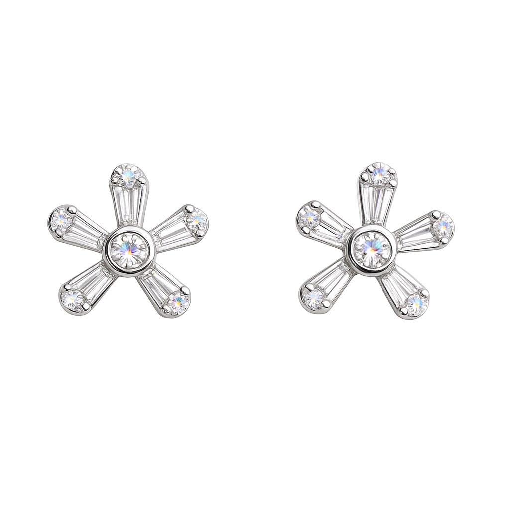 Witgouden oorstekers met 0.20 ct. briljant in de vorm van een bloem. Ook als hanger en ring verkrijgbaar
