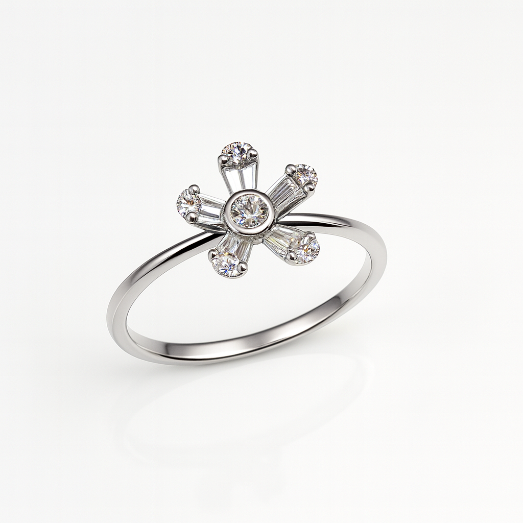 Witgouden ring met 0.15 ct. briljant in bloemvorm. Maat 54