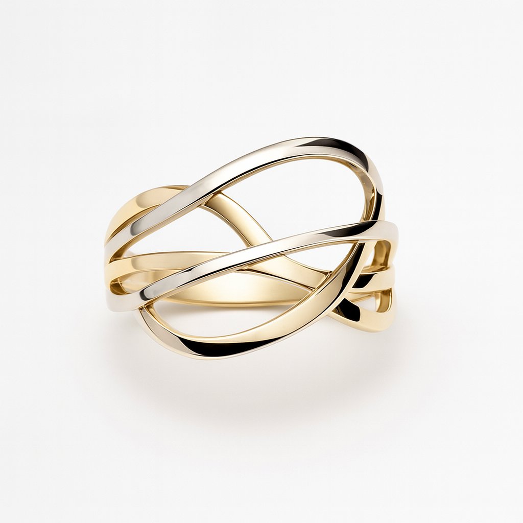 Gouden fantasie ring in wit en geel goud. Maat 56