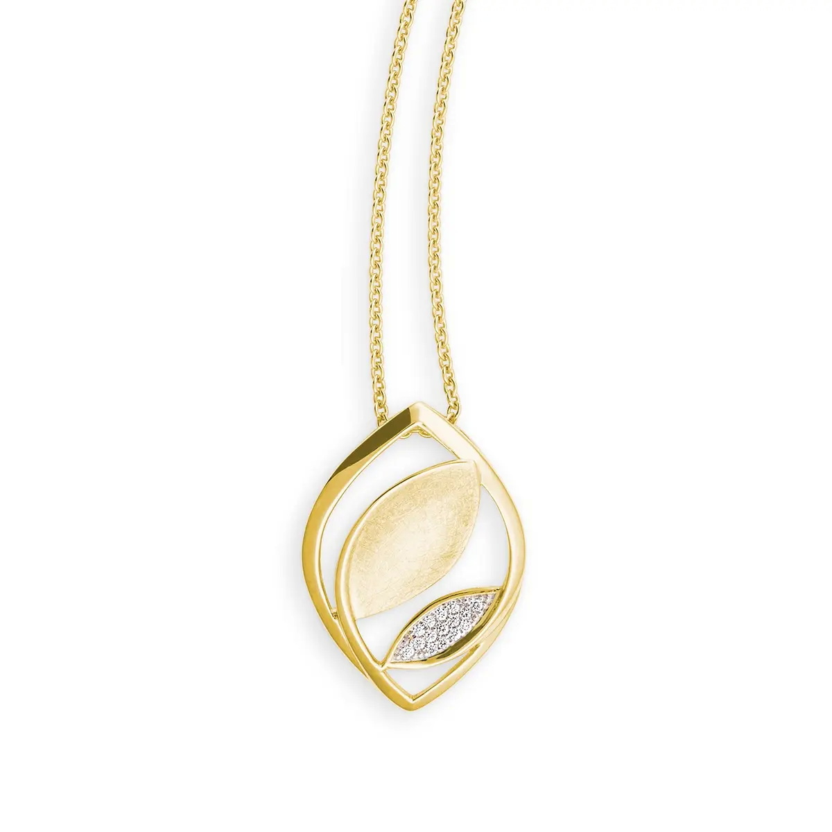 Gouden hanger met 0.065 ct. briljant. Bijpassende oorknoppen en ring leverbaar.