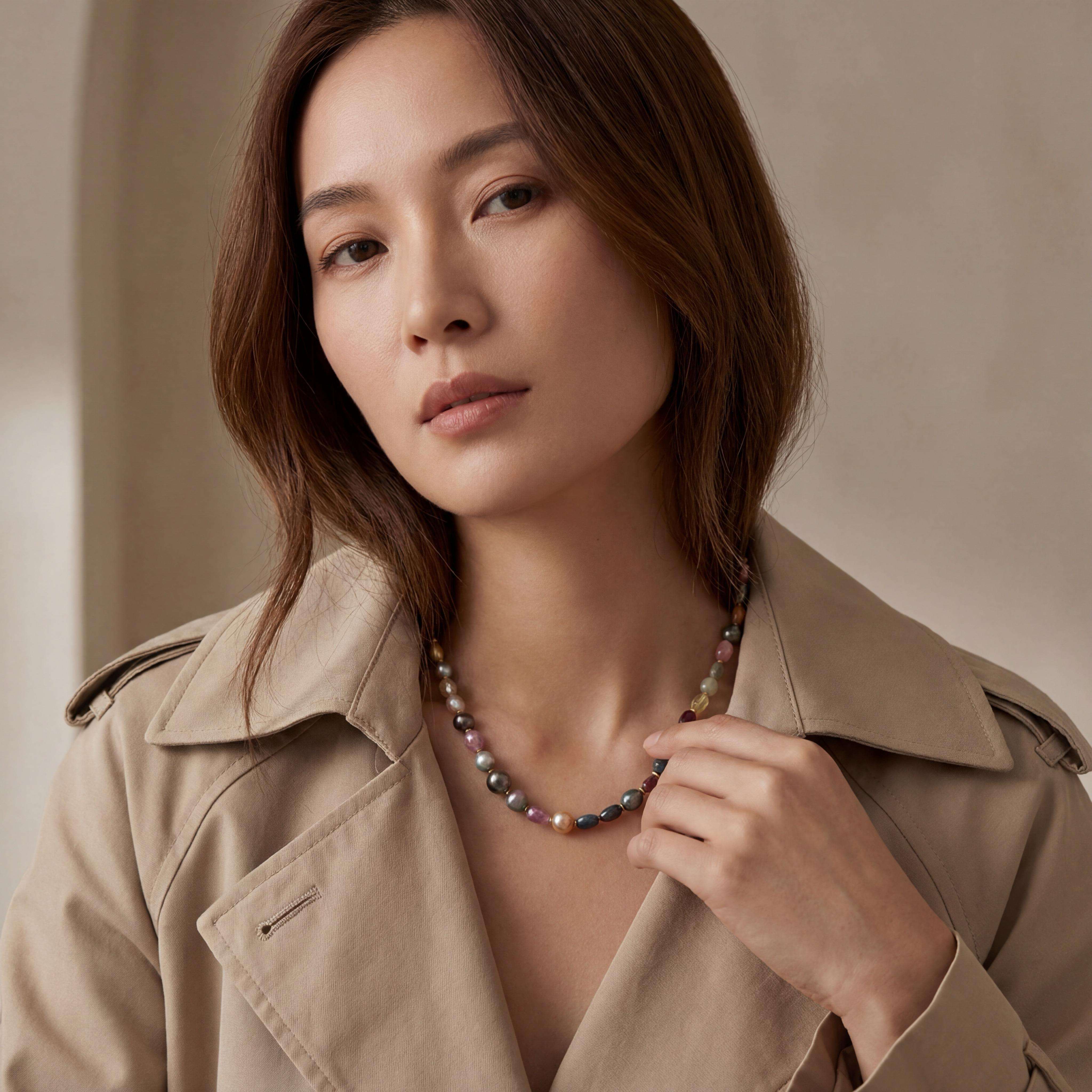 Dieses exklusive Collier präsentiert sich mit einer faszinierenden Kombination aus Tahitiperlen und sorgfältig ausgewählten facettierten Satiren. Die unregelmäßige Form und Farbe sowohl der Safire als auch der Perlen verleiht diesem Stück einen einzigartigen natürlichen Charakter. Zarte goldfarbene Akzente unterstreichen das harmonische Farbspiel und machen dieses Collier zu einem eleganten Blickfang für jeden Anlass. Zusätzlich birg dieser Halsschmuck ein weiteres raffiniertes Detail. Die Schließe ist als Wechselschließe in einer der Perlen unsichtbar verborgen. Sie kann durch jede Schmuckschliueße mit dem weit verbreiteten System Nittel/ Headfix kombiniert werden. Sprechen Sie uns an! UNIKAT, gefertigt im KISSNER Meisteratelier