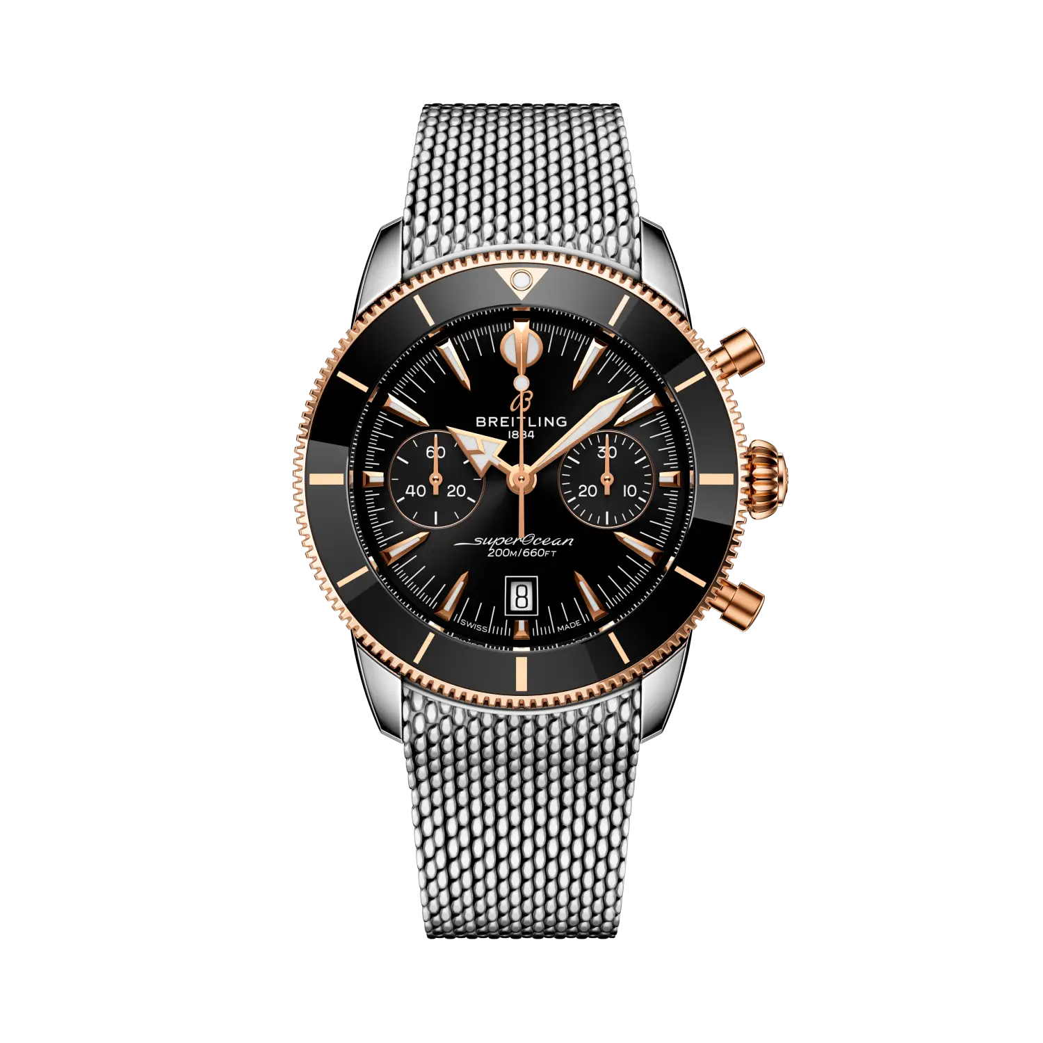 De Breitling Superocean Heritage B01 Chronograph 42 is een moderne interpretatie van het iconische duikhorloge dat Breitling in 1957 introduceerde. Het model combineert klassiek maritiem design met de nieuwste uurwerktechniek en is ontworpen voor liefhebbers die zowel stijl als prestaties waarderen. De kast is vervaardigd uit roestvrij staal in combinatie met 18-karaats roodgoud, wat het horloge een luxueuze en tijdloze uitstraling geeft. Met een diameter van 42 mm biedt het horloge een perfecte balans tussen aanwezigheid en draagcomfort.