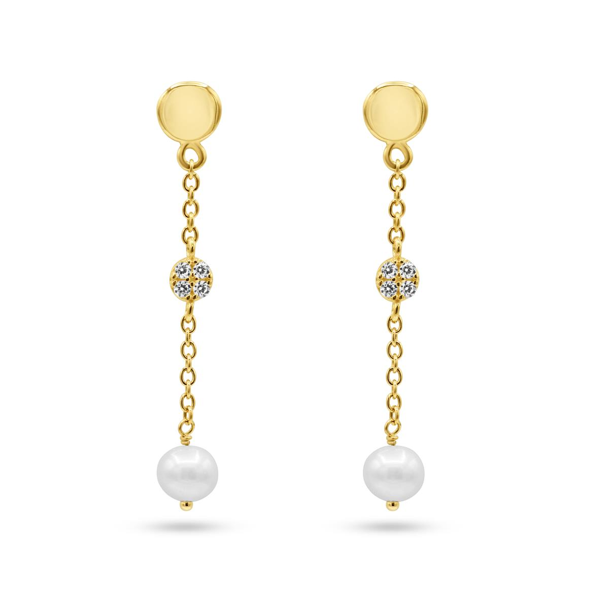 Femme Ador&eacute;e oorhangers goud 18k met zirkonia steentjes en parels