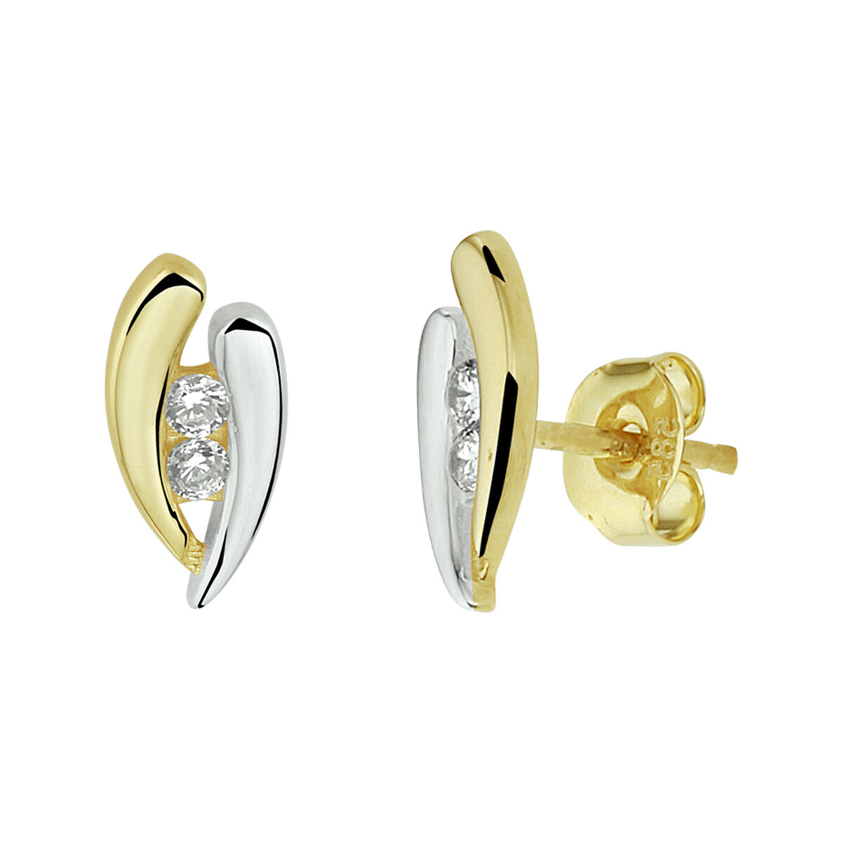 Deze oorsieraden zijn vervaardigd uit 14 karaat wit- en geelgoud. Tussen de banen zijn twee zirkonia stenen gezet.