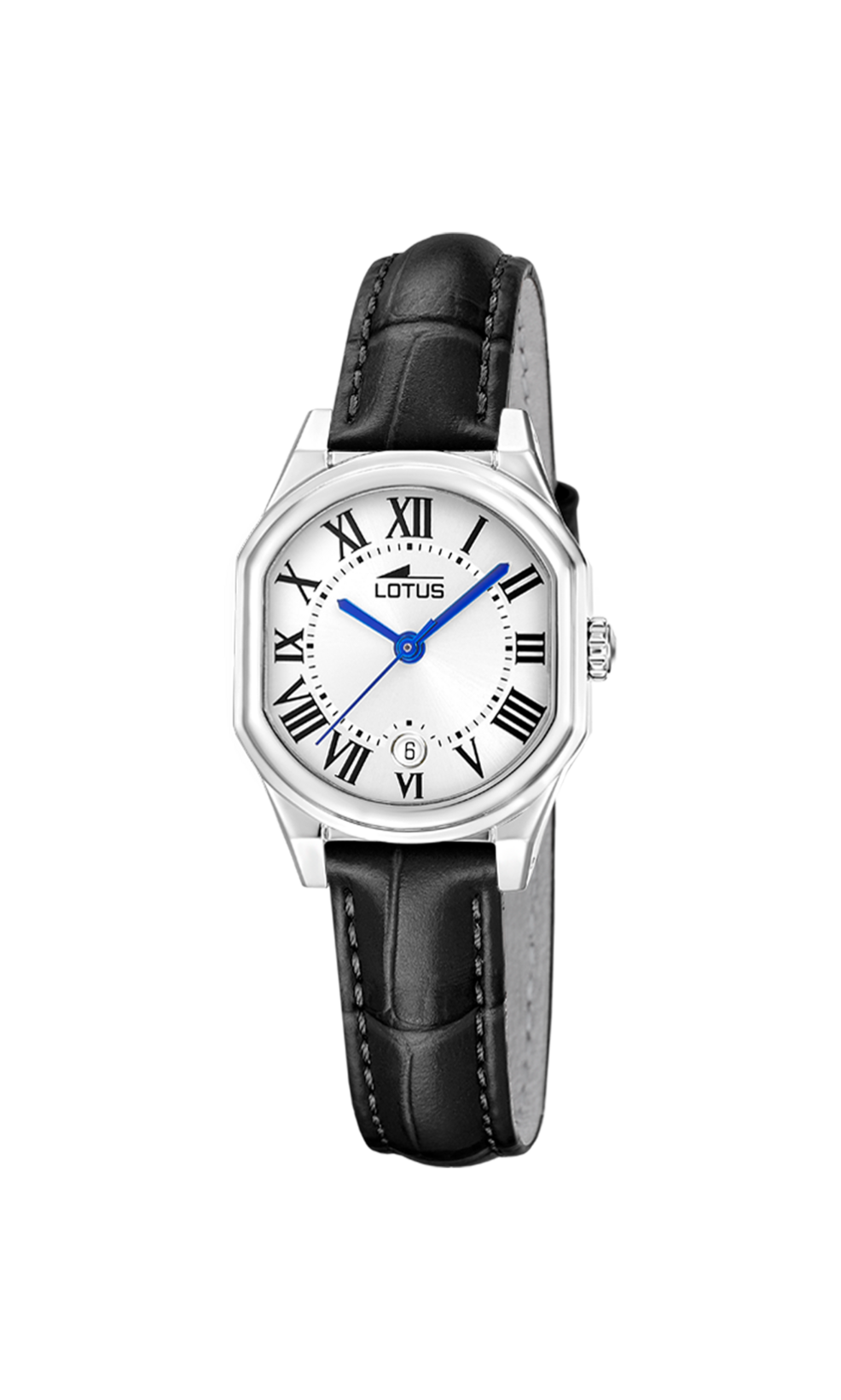 Dameshorloge Lotus met zilverkleurige wijzerplaat en zwart lederen band.