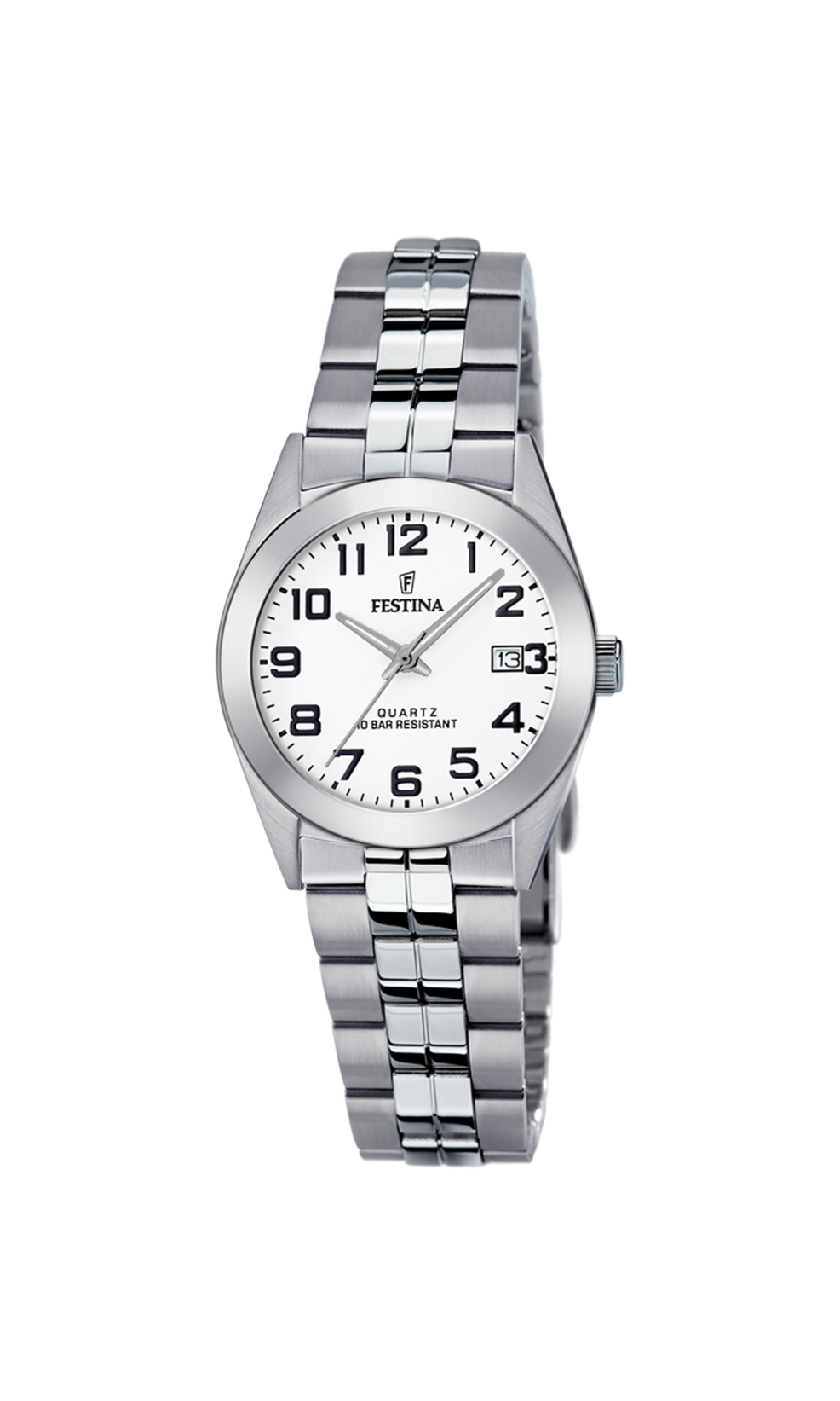 Damesuurwerk van Festina uit de 'Classics' collectie - Zilverkleurige stalen band en kast - Witte wijzerplaat met datumaanduiding en duidelijk leesbare cijfers - Waterdichtheid: 10 ATM