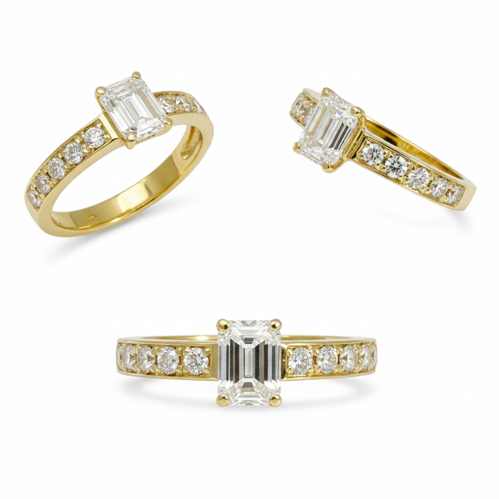 18 karaat verlovingsring met LG 1.01ct centrale steen en LG 0.56ct briljanten