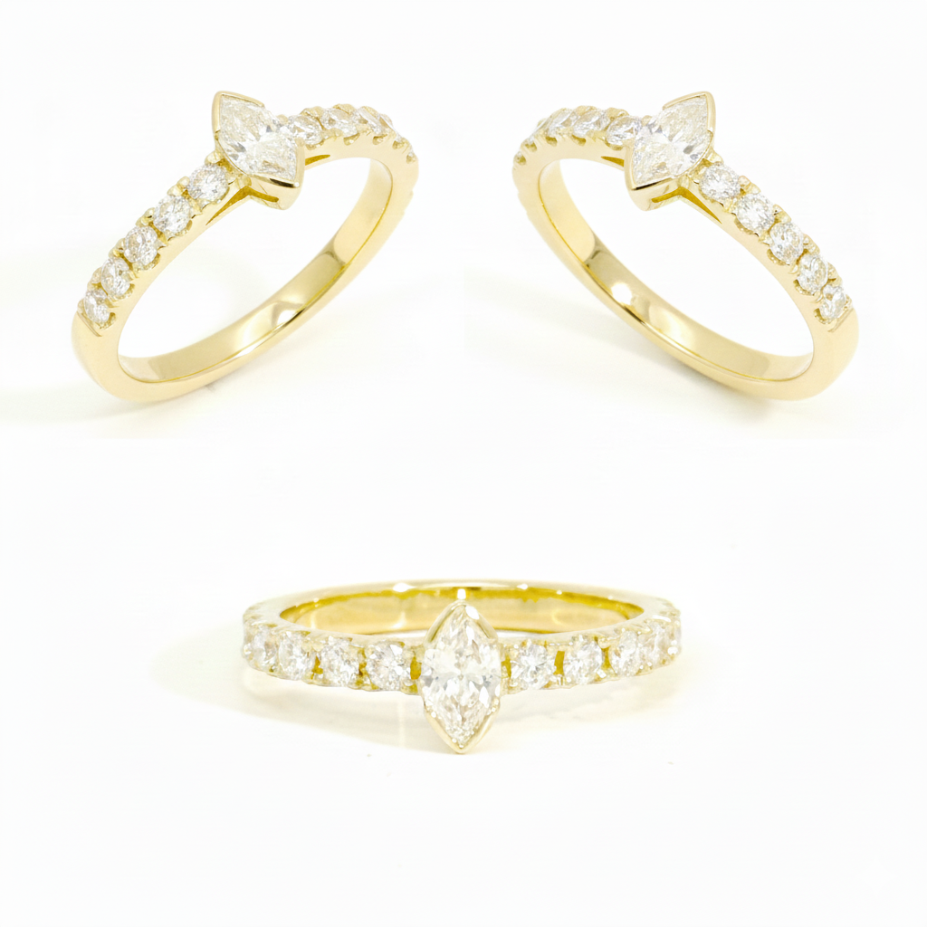 18 karaat geel gouden verlovingsring met centrale diamant marquis en briljanten in de band 0.48ct