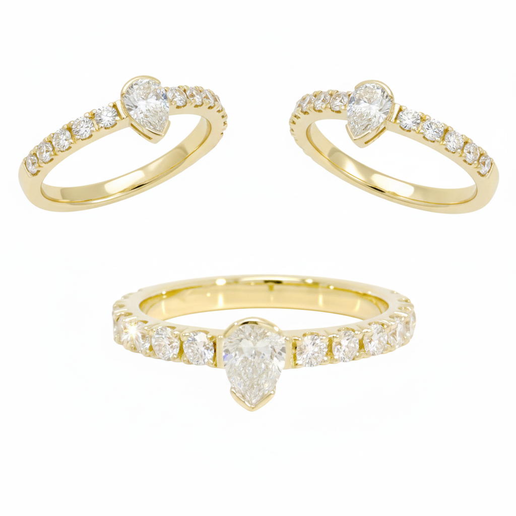 18 karaat geel gouden ring met centrale peer diamant 0.34ct en briljanten in band 0.0.56ct