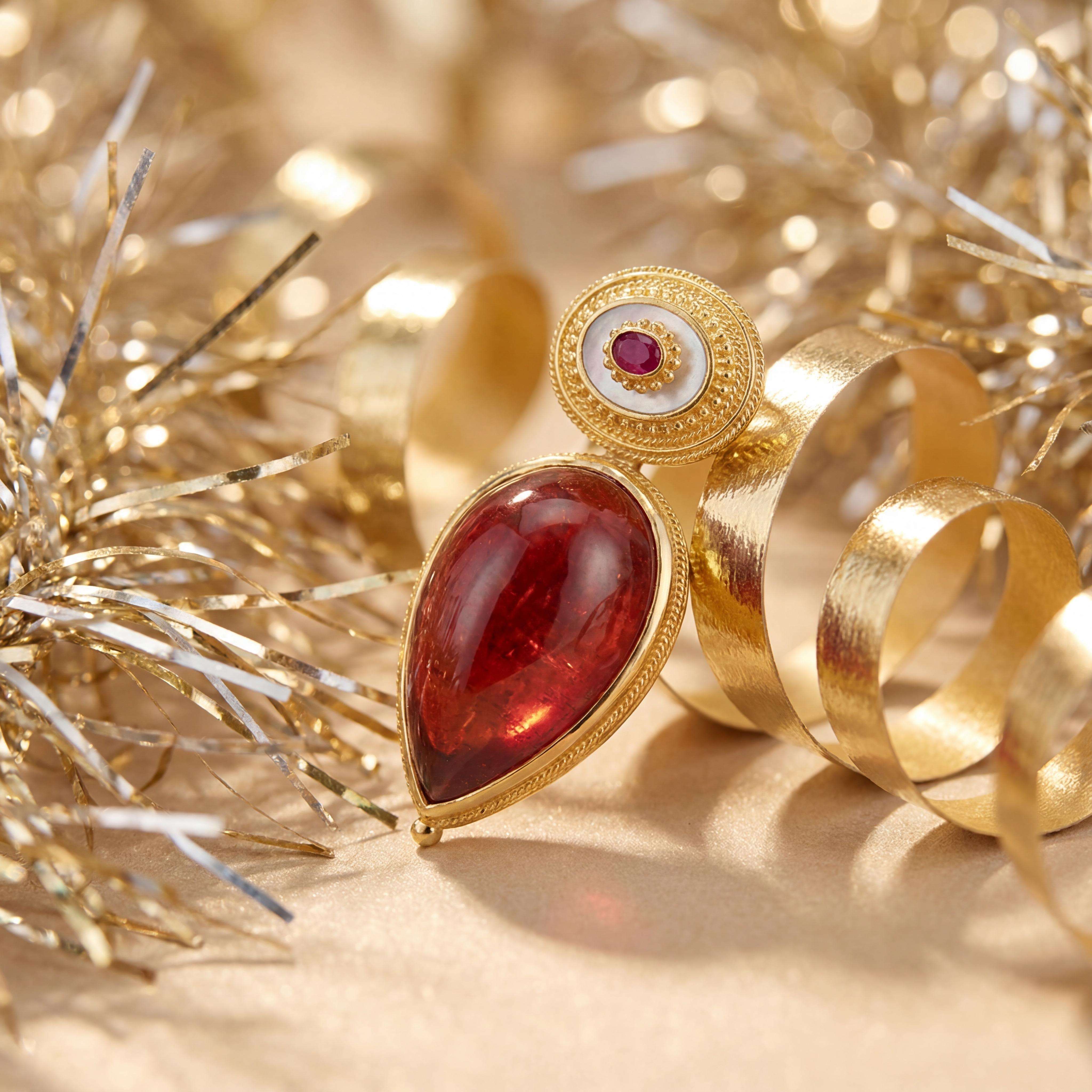 Dieser Anhänger aus Gold 750 inszeniert einen intensiv Erdbeerfarbenden Turmalin als Cabochon in Tropfenform und zeichnet sich durch seine exquisite, filigrane Verarbeitung aus. Mit einem in Goldfiligran und -granulation  umrahmten Rubin, strahlt dieser Anhänger zeitlose Eleganz aus. Das beweglich gearbeitete Oberteil ist Zugleich auch Aufhängung, mit einem Durchgangsmaß von 6,5mm der rückseitig verdeckt montierten Ösen kann der Anhänger auch an kräftigeren Reifencolliers getragen werden. Ein UNIKAT, gefertigt im KISSNER Meisteratelier.