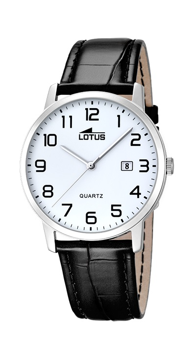 De Lotus stalen kast met zwart leder band (modelnummer 18239/1) is een stijlvolle polshorloge met een roestvrijstalen ronde kast en mineraalglas. Uitgevoerd met een witte wijzerplaat, Arabische cijfers en een zwarte echte lederen band. Het horloge is waterbestendig tot 5ATM en heeft een quartz binnenwerk met datumaanduiding.