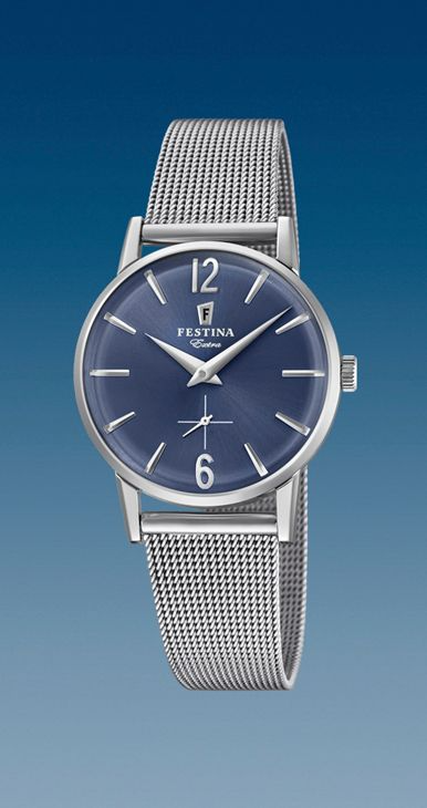 Festina retro 1948-milanees band staal- kast staal-blauwe wijzerplaat