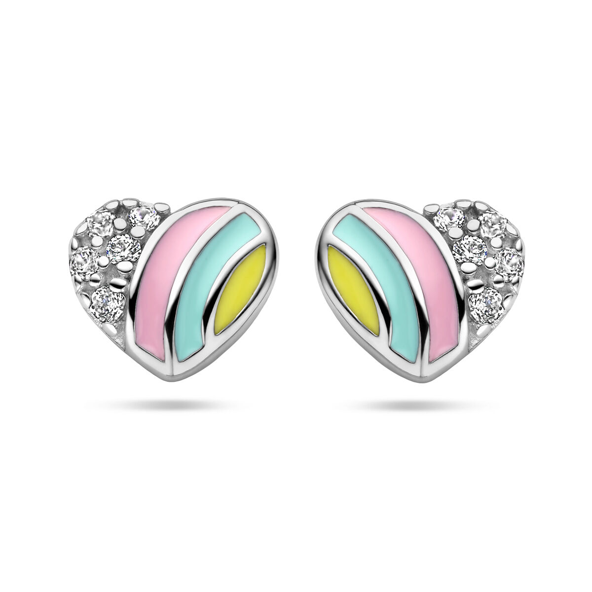 Zilver gerhodineerd oorknoppen hart en zirkonia emaille