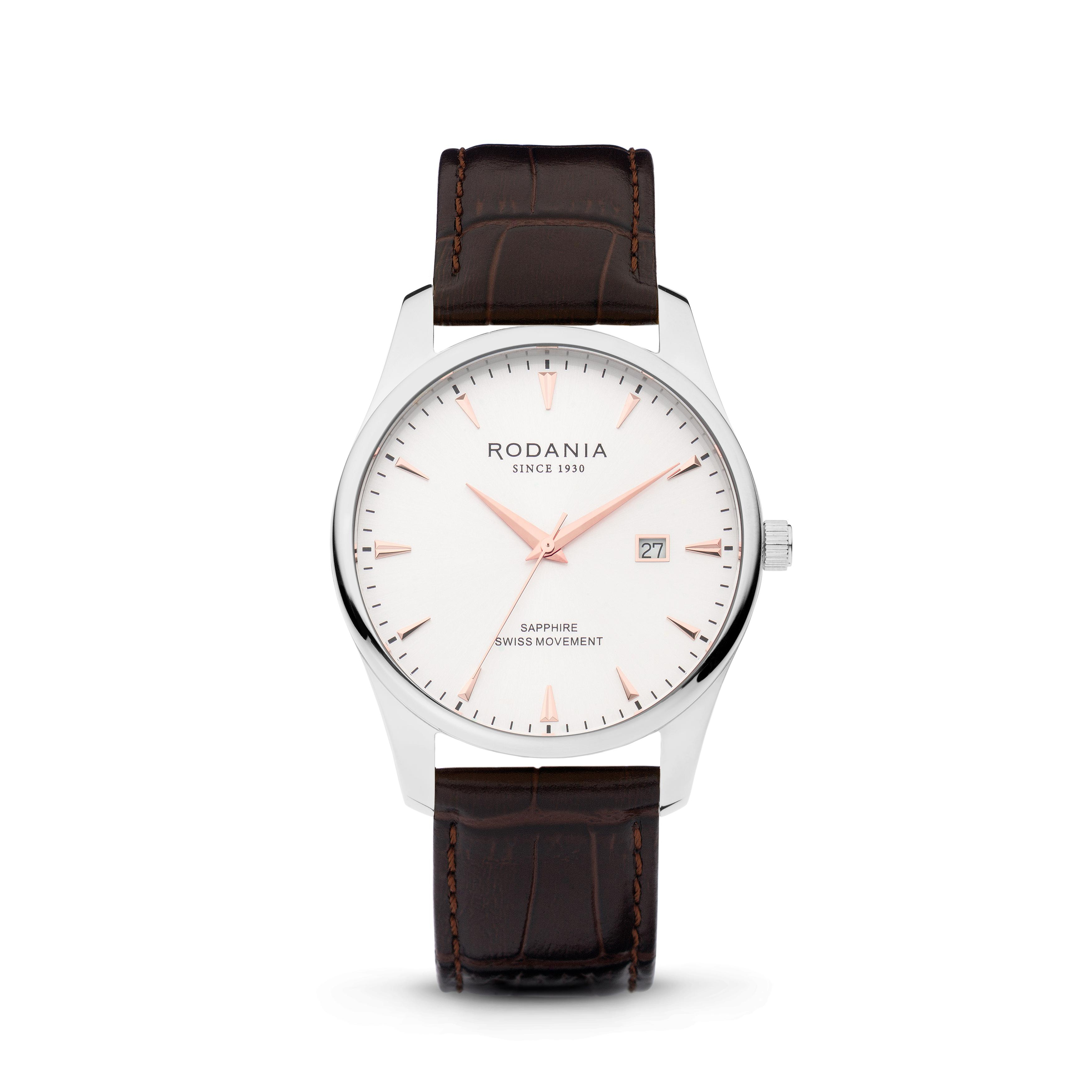 Rodania Gstaad-grijze wijzerplaat-stalen kast-bruine leder band-20atm