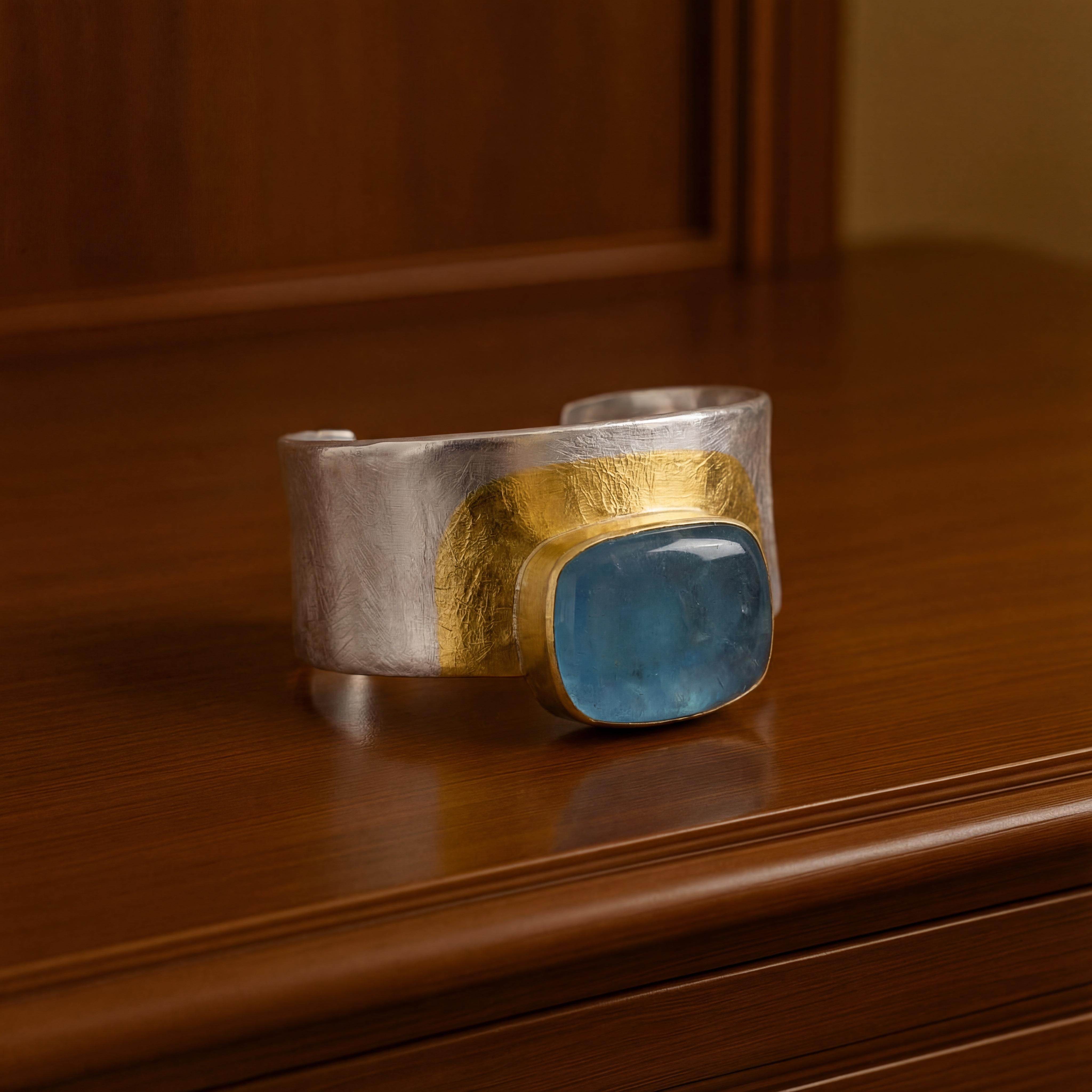 Die Armspange Silber Feingold Aquamarin ist ein edles Schmuckstück, das sich durch seine hochwertige Verarbeitung und den wunderschönen Aquamarin-Stein auszeichnet. Perfekt für den Alltag oder besondere Anlässe, setzt sie elegante Akzente. Tragen Sie die Armspange allein oder kombinieren Sie sie mit anderen Schmuckstücken für einen modischen Look. Ideal für jeden Stil.Das Aquamarin wiegt 71,23 ct und hat eine tief wasserblaue Farbe. UNIKAT, gefertigt im KISSNER MEISTERATELIER