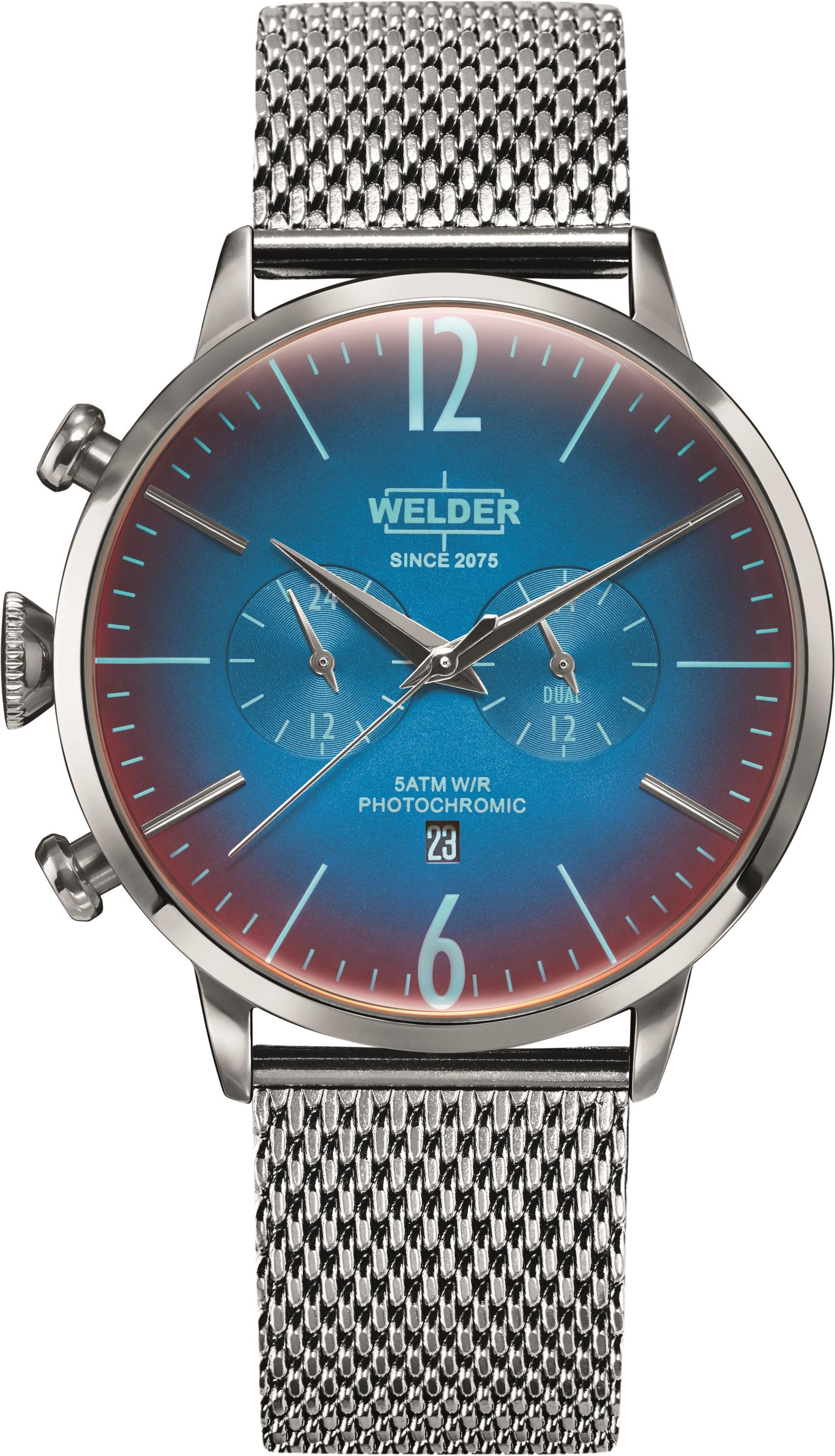 Welder stalen milanese-blauwe wijzerplaat-stalen kast-dual time-45mm