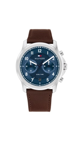 TH met dag en datum, blauwe wijzerplaat en bruin lederen band.