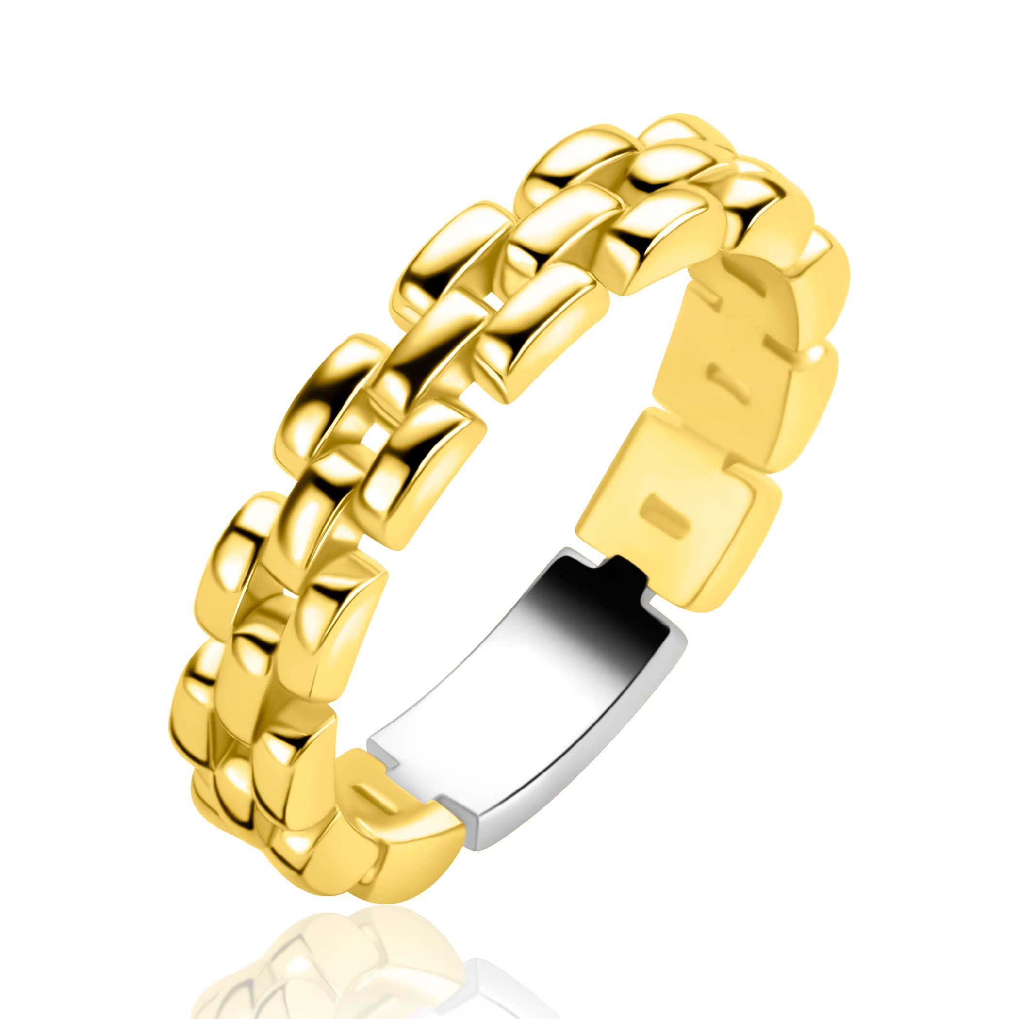 ZINZI goldplated zilveren ring met glanzende rolex-style schakels 4mm breed in maat 56