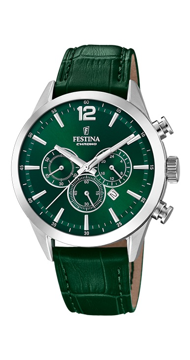 Dit festina uurwerk heeft een groen lederen band en groene wijzerplaat