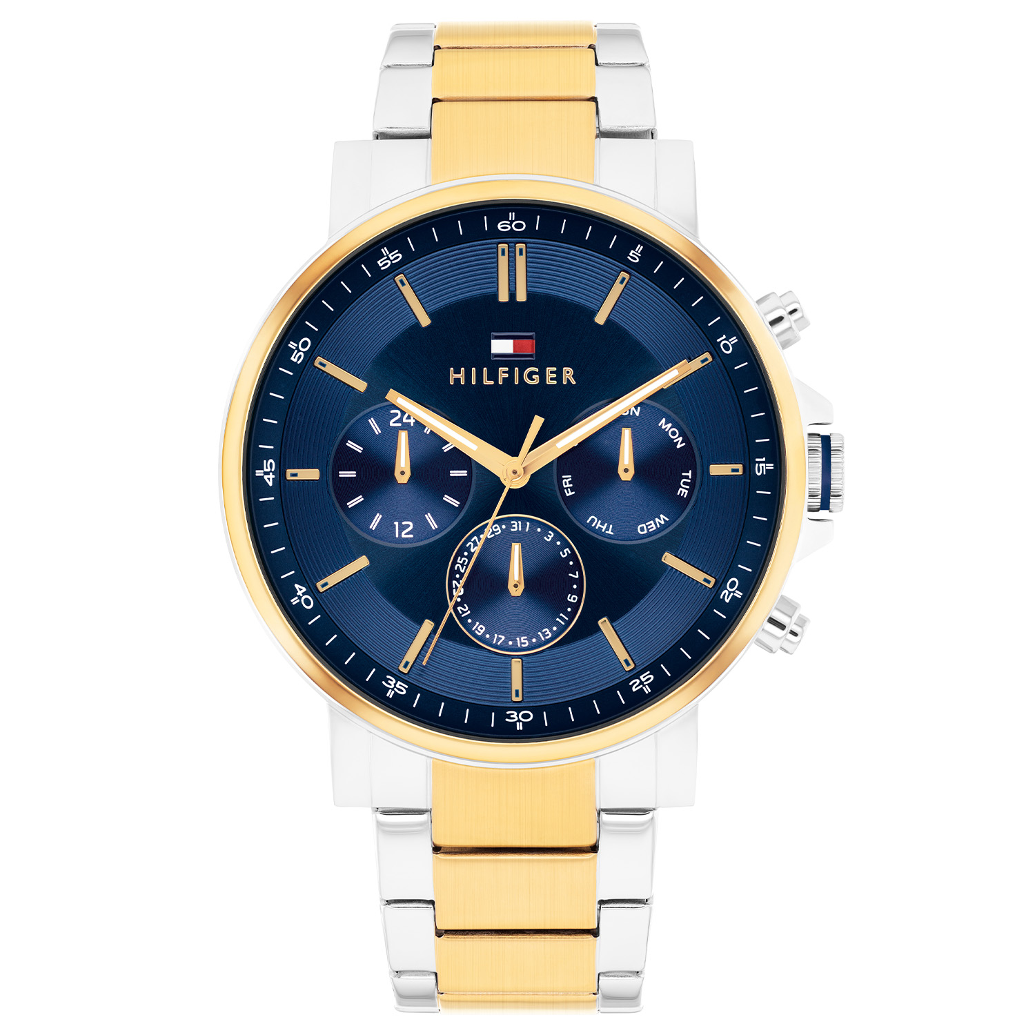 Tommy Hilfiger TH1710710 Horloge Heren Staal 43mm
Dit specifieke horloge van Tommy Hilfiger uit de Tyson serie met artikelnr: TH1710710 is een casual herenhorloge die niet in je collectie mag ontbreken. Het stalen bicolor herenhorloge heeft een ronde stalen kast met een goudkleurige bezel en een blauwe wijzerplaat met een dag, datum en 24-uursaanduiding. Aan de kast zit een stalen bicolor schakelband met een vouwsluiting. Het horloge heeft een mineraalglas, een doorsnee van 43mm en is 5ATM.  

Het merk:
Sinds de lancering van het merk in 1985 is Tommy Hilfiger wereldwijd bekend geworden als pionier van de klassieke Amerikaanse coole stijl. Ge&iuml;nspireerd door de iconische popcultuur en het Amerikaanse erfgoed. De dames en herencollectie van dit seizoen bestaan uit minimalistische silhouetten en rustieke lederen details. De herenhorlogecollectie biedt iconische uurwerken met roestvrijstalen, lederen en siliconen banden.

Specificaties:
- Mineraalglas
- Ronde kast 43mm
- Stalen kast
- Blauwe wijzerplaat
- Stalen bicolor schakelband 
- 5ATM