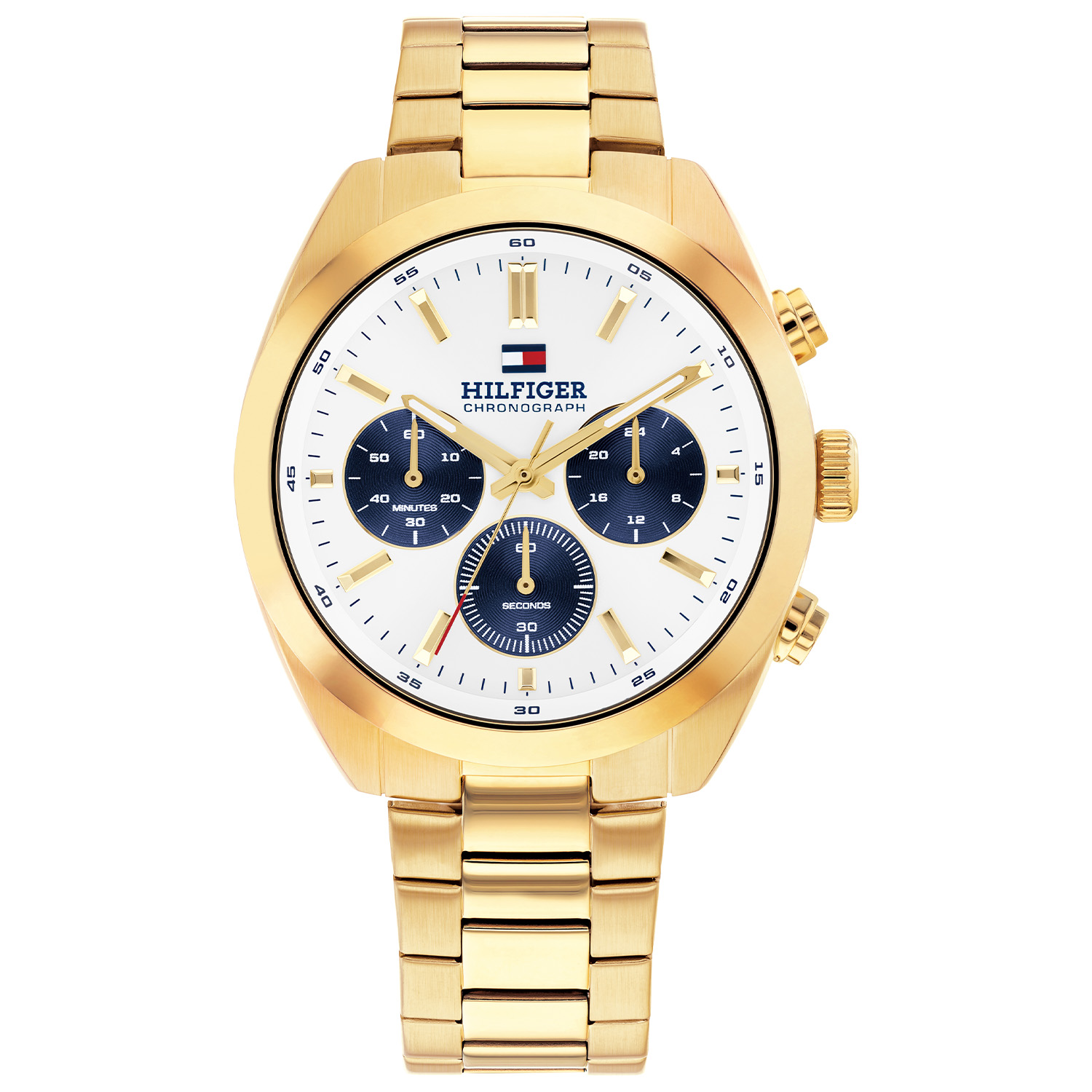 Tommy Hilfiger TH1710723 Horloge Heren Staal 40mm
Dit specifieke horloge van Tommy Hilfiger uit de Hudson serie met artikelnr: TH1710723 is een casual herenhorloge die niet in je collectie mag ontbreken. Het stalen herenhorloge heeft een ronde goudkleurige kast met een glanzende bezel en een cr&egrave;me wijzerplaat met een chronograaf, wijzers ingelegd met lumibrite, goudkleurige uursaanduiding en het Tommy logo. Aan de kast zit een goudkleurige schakelband met een vouwsluiting. Het horloge heeft een mineraalglas, een afmeting van 40mm en is 5ATM.  

Het merk:
Sinds de lancering van het merk in 1985 is Tommy Hilfiger wereldwijd bekend geworden als pionier van de klassieke Amerikaanse coole stijl. Ge&iuml;nspireerd door de iconische popcultuur en het Amerikaanse erfgoed. De dames en herencollectie van dit seizoen bestaan uit minimalistische silhouetten en rustieke lederen details. De herenhorlogecollectie biedt iconische uurwerken met roestvrijstalen, lederen en siliconen banden.

Specificaties:
- Mineraalglas
- Ronde kast 40mm
- Goudkleurige kast
- Cr&egrave;me wijzerplaat
- Goudkleurige schakelband 
- 5ATM