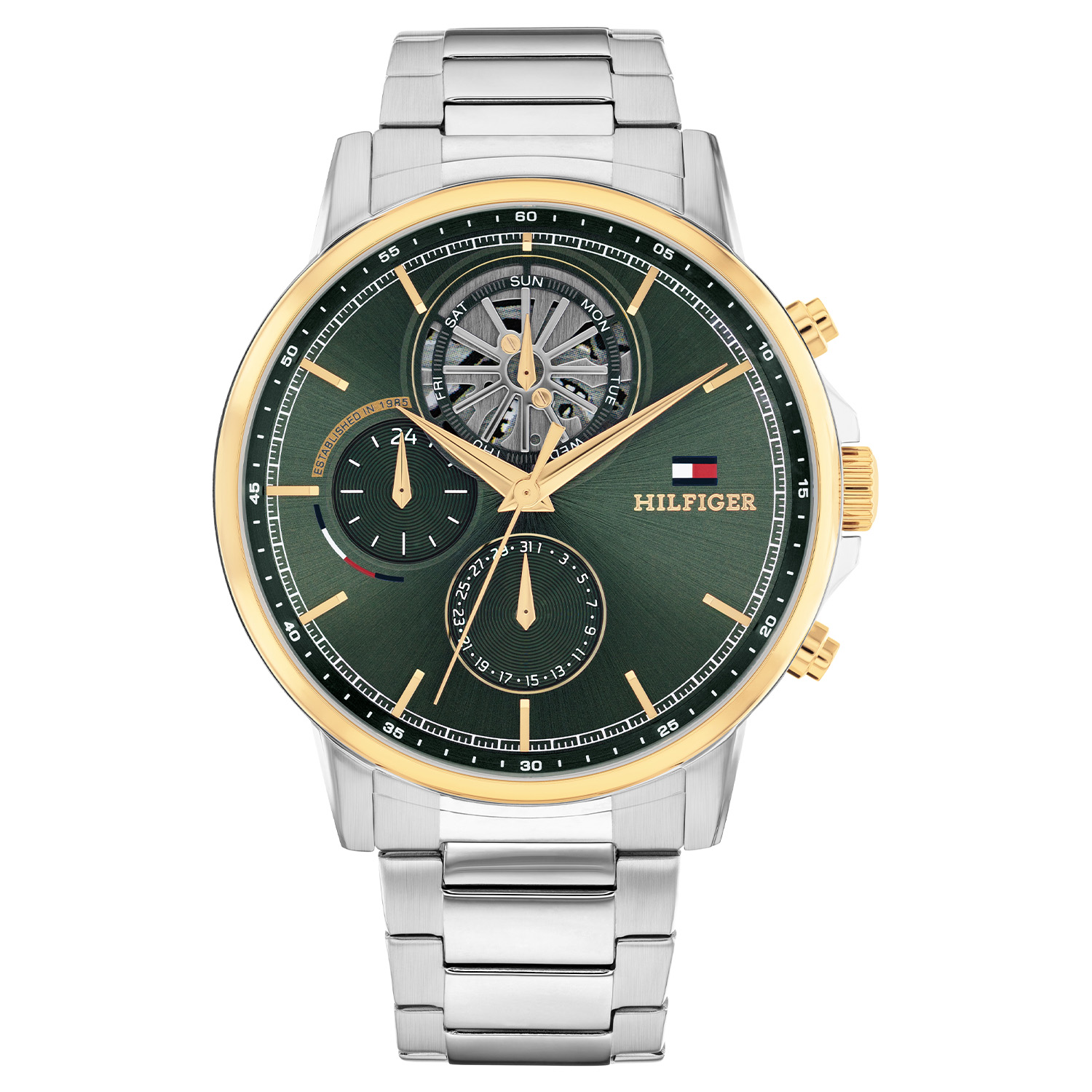 
Dit specifieke horloge van Tommy Hilfiger uit de Stewart serie met artikelnr: TH1710735 is een casual herenhorloge die niet in je collectie mag ontbreken. Het stalen horloge heeft een ronde zilverkleurige kast met een glanzende goudkleurige bezel en een groene wijzerplaat met een dag, datum en 24-uursaanduiding. De bovenste subeye is open zodat er een deel van het uurwerk zichtbaar is. Aan de kast zit een stalen schakelband met een vouwsluiting. Het horloge heeft een mineraalglas, een afmeting van 44mm en is 5ATM.  

