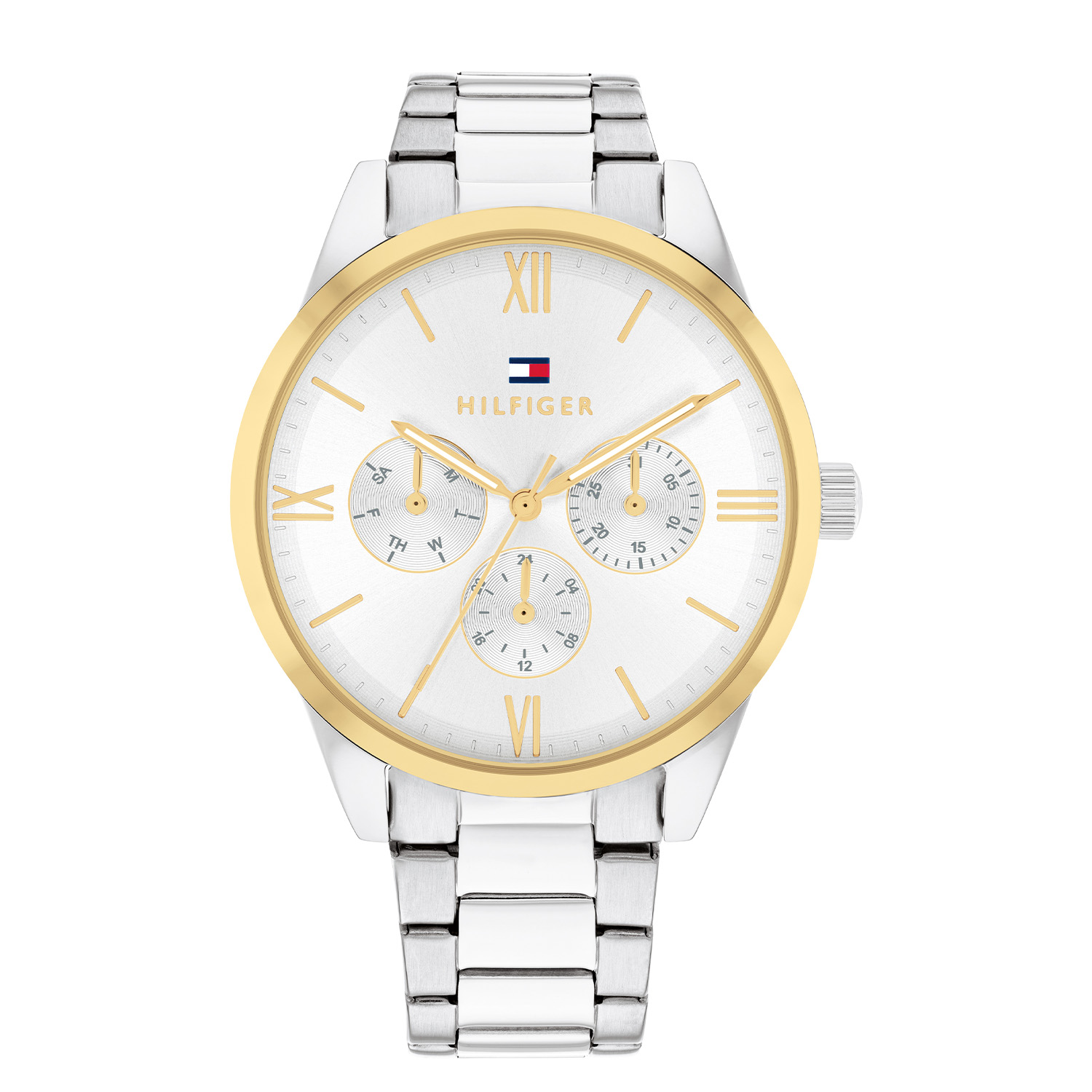 Tommy Hilfiger TH1782744 Horloge Dames Staal Zilverkleurig 38mm
Dit specifieke horloge van Tommy Hilfiger uit de Camille serie met artikelnr: TH1782744 is een luxe horloge die zeker niet in je collectie mag ontbreken. Het stalen dameshorloge heeft een ronde zilverkleurige kast met een goudkleurige gladde bezel. Het horloge heeft een zilverwitte wijzerplaat met uren die worden weergegeven met goudkleurige romeinse cijfers. Verder is het horloge multifunctioneel, heeft het dag,-datum en 24-uursaanduiding. Het horloge heeft een zilverkleurige verstelbare schakelband, een mineraalglas, een doorsnee van 38mm en is 3ATM.  

Het merk:
Sinds de lancering van het merk in 1985 is Tommy Hilfiger wereldwijd bekend geworden als pionier van de klassieke Amerikaanse coole stijl. Ge&iuml;nspireerd door de iconische popcultuur en het Amerikaanse erfgoed. De dames en herencollectie van dit seizoen bestaan uit minimalistische silhouetten en rustieke lederen details. De herenhorlogecollectie biedt iconische uurwerken met roestvrijstalen, lederen en siliconen banden.

Specificaties:
- Mineraalglas
- Ronde kast 38mm
- Goudkleurige bezel
- Zilverkleurige horlogekast
- Zilverwitte wijzerplaat
- Zilverkleurige schakelband
- Multifunctioneel
- 3ATM