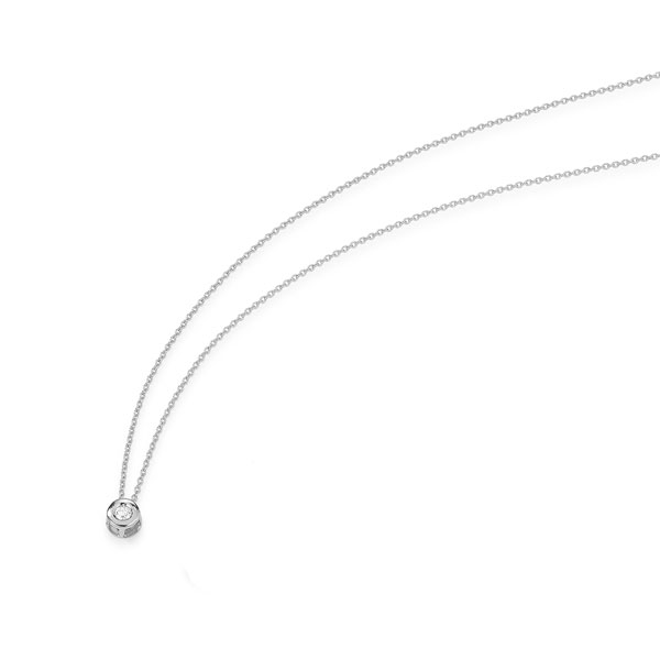 Witgouden collier met een lengte van 42 cm. Hanger 0.03 ct. briljant in gladomzetting.