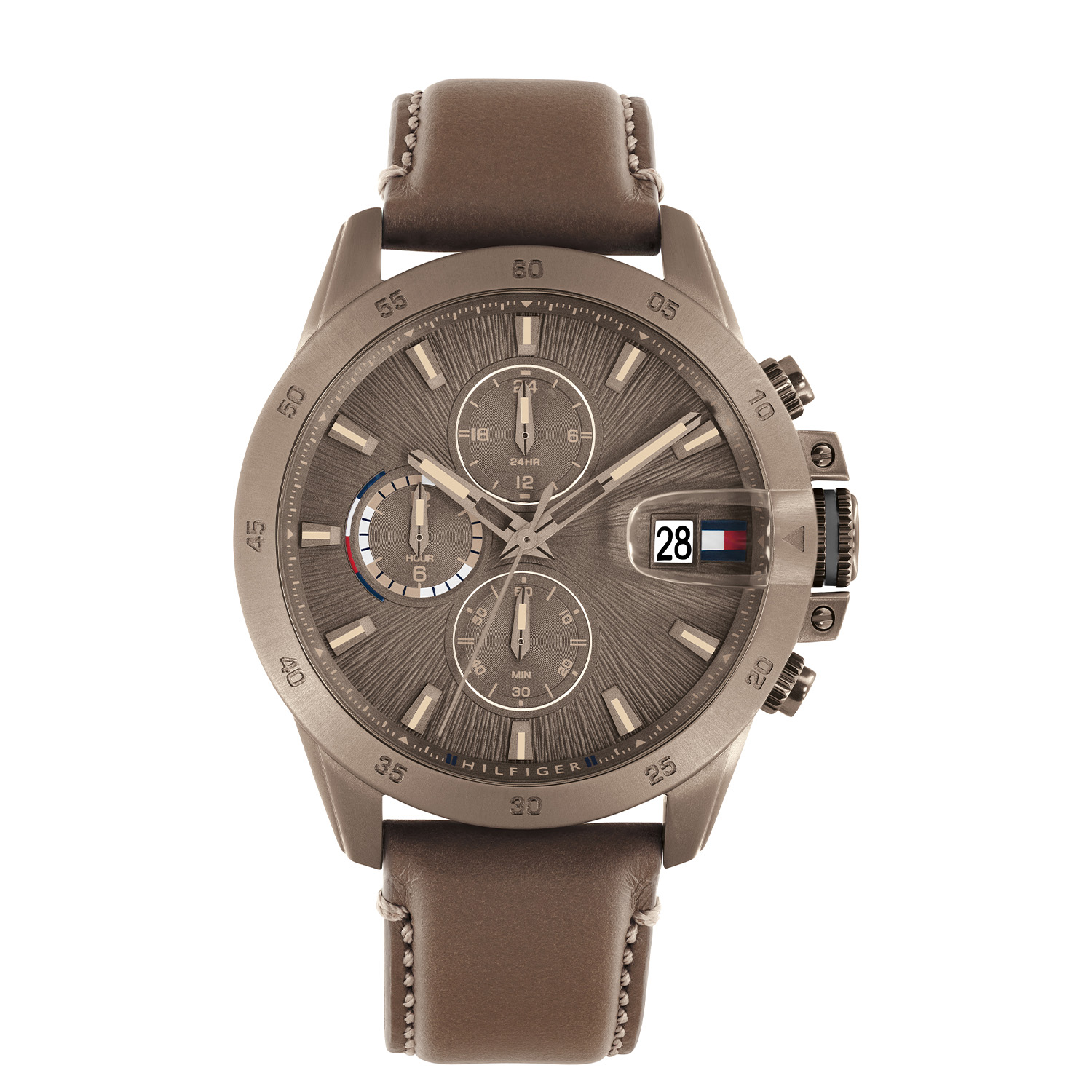 Tommy Hilfiger TH1792196 Horloge Heren 43mm
Dit specifieke horloge van Tommy Hilfiger uit de Jameson serie met artikelnr: TH1792196 is een net herenhorloge die niet in je collectie mag ontbreken. Het herenhorloge heeft een ronde stalen khakikleurige kast met een khakikleurige bedrukte bezel en een khakikleurige bewerkte wijzerplaat met een datum met extra bol venster en lumibrite inleg op de wijzers en op de uurstrepen. In de subeyes zit de minuut,- uurs,- en 24-uursaanduiding. Aan de kast zit een khakikleurige lerenband met een gespsluiting. Het horloge heeft een mineraalglas, een afmeting van 43mm en is 5ATM.  

Het merk:
Sinds de lancering van het merk in 1985 is Tommy Hilfiger wereldwijd bekend geworden als pionier van de klassieke Amerikaanse coole stijl. Ge&iuml;nspireerd door de iconische popcultuur en het Amerikaanse erfgoed. De dames en herencollectie van dit seizoen bestaan uit minimalistische silhouetten en rustieke lederen details. De herenhorlogecollectie biedt iconische uurwerken met roestvrijstalen, lederen en siliconen banden.

Specificaties:
- Mineraalglas
- Ronde kast 43mm
- Khakikleurige stalen horlogekast
- Khaki wijzerplaat
- Khakikleurige lerenband 
- 5ATM