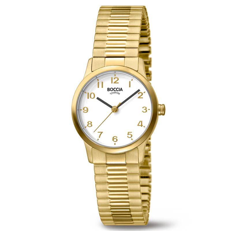 Boccia Titanium 3318-02
Dit dameshorloge van Boccia Titanium heeft een nette uitstraling. De goudkleurige titanium horlogekast zorgt voor een stijlvolle look en de witte wijzerplaat maakt het horloge klassiek. Het horloge heeft een ronde kast met een diameter van 26mm, een mineraalglas, en is 5ATM. Combineer dit prachtige exemplaar met de andere sieraden van Boccia Titanium voor een complete look. Aan de titanium kast zit een goudkleurige schakel band. 

HET MERK
Boccia Titanium is het titanium merk van Nederland, dat zijn oorsprong in Duitsland vindt en is opgericht in het jaar 1992. Ontwikkeld door internationale ontwerpers. Alle titanium componenten van de BOCCIA TITANIUM collectie zijn gemaakt van 99,7% puur titanium; het bijzondere materiaal. Het is licht in gewicht, neemt de temperatuur van de huid aan en is zeer huidvriendelijk. Bovendien is het corrosie- en temperatuurbestendig.

SPECIFICATIES
- Mineraalglas
- Ronde titanium horlogekast, &Oslash; 26mm
- Goudkleurige titanium band
- Witte wijzerplaat
- 5ATM (Regen- & spatwaterdicht)