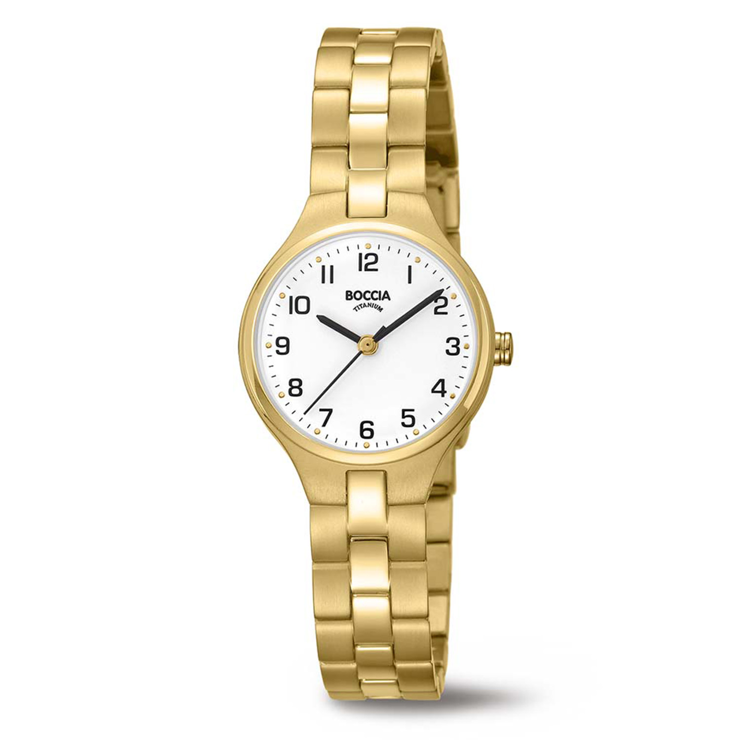 Boccia Titanium 3330-03
Dit Boccia Titanium dameshorloge heeft een goudkleurige titanium kast. De 3330-03 heeft een kastdiameter van 26mm en bestaat uit mineraalglas. De band van het horloge is gemaakt van titanium en kan op maat worden gemaakt door er schakels uit te halen met een horlogeband inkortset. Of je nu sportief of chique gekleed gaat, dit horloge past bij elke outfit en iedere gelegenheid!

HET MERK
Boccia Titanium is het titanium merk van Nederland, dat zijn oorsprong in Duitsland vindt en is opgericht in het jaar 1992. Ontwikkeld door internationale ontwerpers. Alle titanium componenten van de BOCCIA TITANIUM collectie zijn gemaakt van 99,7% puur titanium; het bijzondere materiaal. Het is licht in gewicht, neemt de temperatuur van de huid aan en is zeer huidvriendelijk. Bovendien is het corrosie- en temperatuurbestendig.

SPECIFICATIES
- Mineraalglas
- Ronde titanium horlogekast, &Oslash; 26mm
- Titanium horlogeband
- Witte wijzerplaat
- 3 ATM (Niet waterdicht)