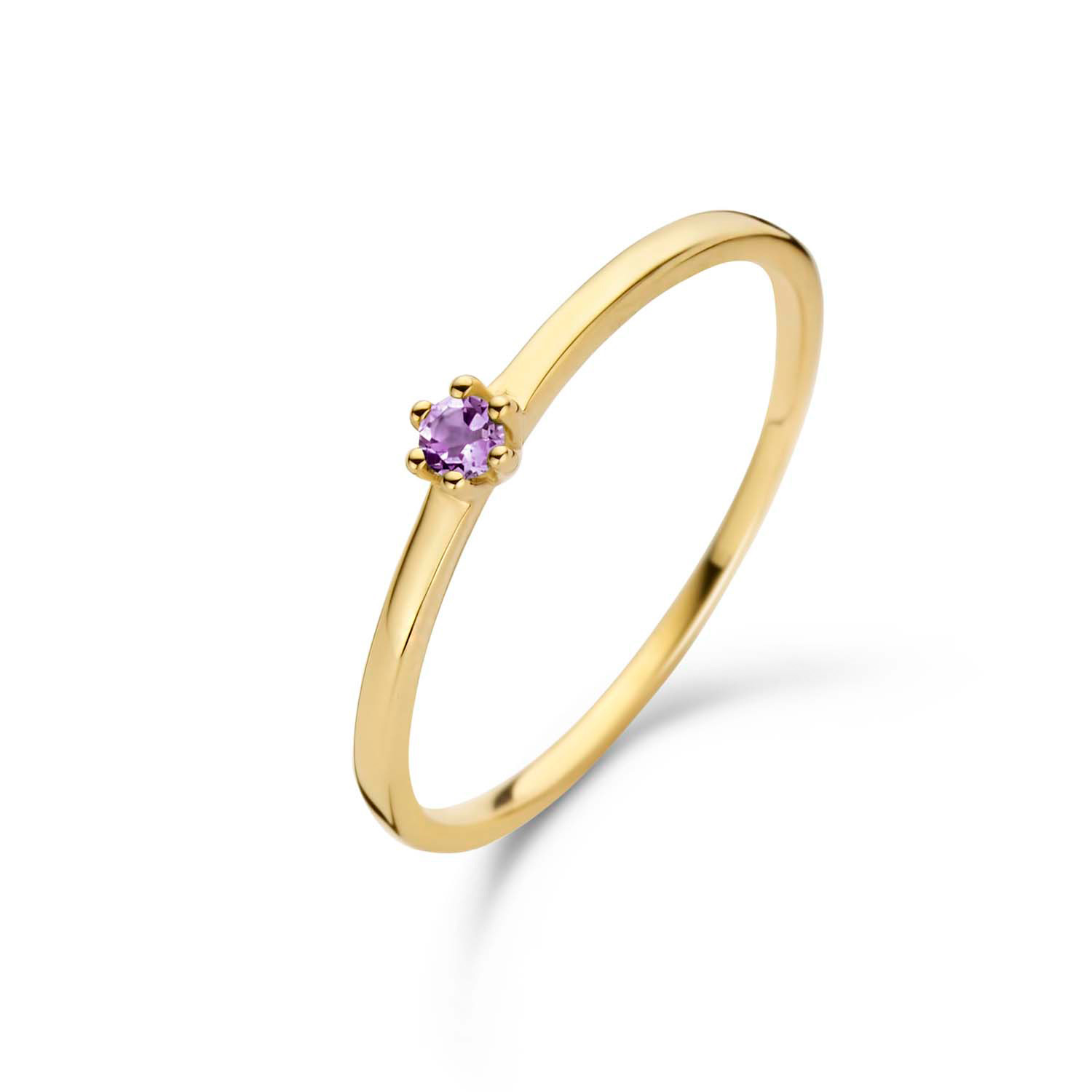 14kt. gouden ring van Jackie met een amethyst in een zespootszetting, maat 58