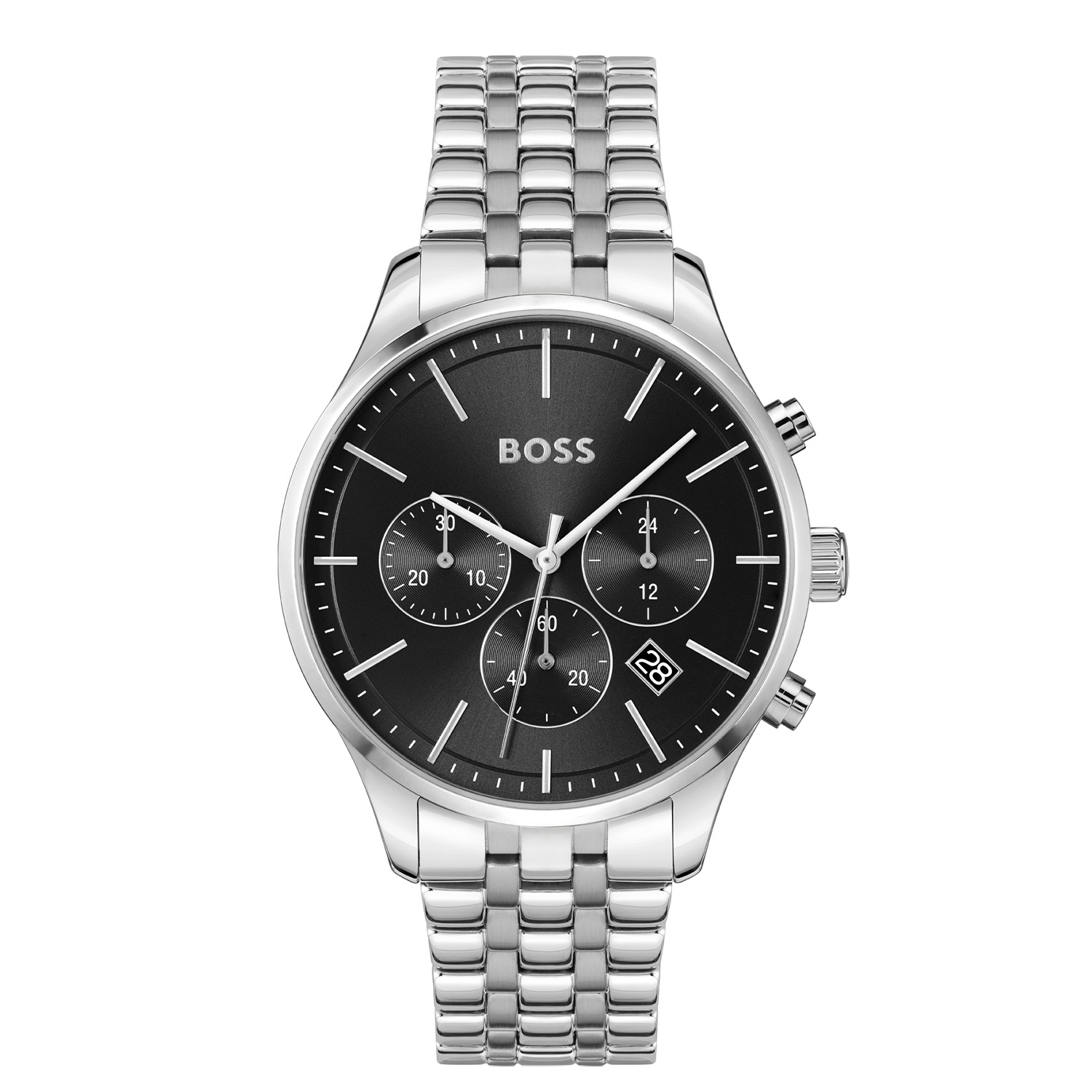 BOSS HB1514157 AVERY Herenhorloge 42mm
Dit BOSS horloge uit de AVERY serie met artikelnr: HB1514157 heeft een sportieve uitstraling. Het gaat niet alleen om de tijd, maar ook om elk moment te grijpen en er je eigen draai aan te geven. Wees je eigen baas, bepaal je eigen tempo en ga ervoor. Het herenhorloge valt op door zijn stalen horlogekast met een glanzende bezel en zijn zwarte sunray wijzerplaat met een chronograaf en een datum. De fijne wijzers en uursaanduiding geven een rustig effect. Aan de kast zit een mat glanzende schakelband met vouwsluiting. Het horloge heeft een doorsnee van 42mm met een mineraalglas en is 5ATM. 

HET MERK:
HUGO BOSS is afgestemd op levensstijlen waar het gaat om kwaliteit en precisie. Het wereldwijde fashionlabel is verdeeld in twee merken: BOSS en HUGO. Het merk BOSS biedt geavanceerde, moderne horloges gericht op kwaliteit en design om een onberispelijke look te cre&euml;ren &ndash; of het nu zakelijk, casual of sportief is. De horloge collectie van BOSS is perfect afgestemd op levensstijlen waar het gaat om kwaliteit en precisie. BOSS is op maat gemaakt in een onberispelijke stijl.

Blijf stijlvol bij de tijd. Voor de BOSS-vrouw is stijl het handelsmerk en draait alles om
details. Breng uw look naar een hoger niveau met onze nieuwe en kenmerkende horlogecollectie.

SPECIFICATIES:
- Mineraalglas
- Ronde kastvorm, &Oslash; 42mm
- Stalen horlogekast
- Zwarte wijzerplaat
- Stalen schakelband
- Chronograaf en datum
- 5ATM