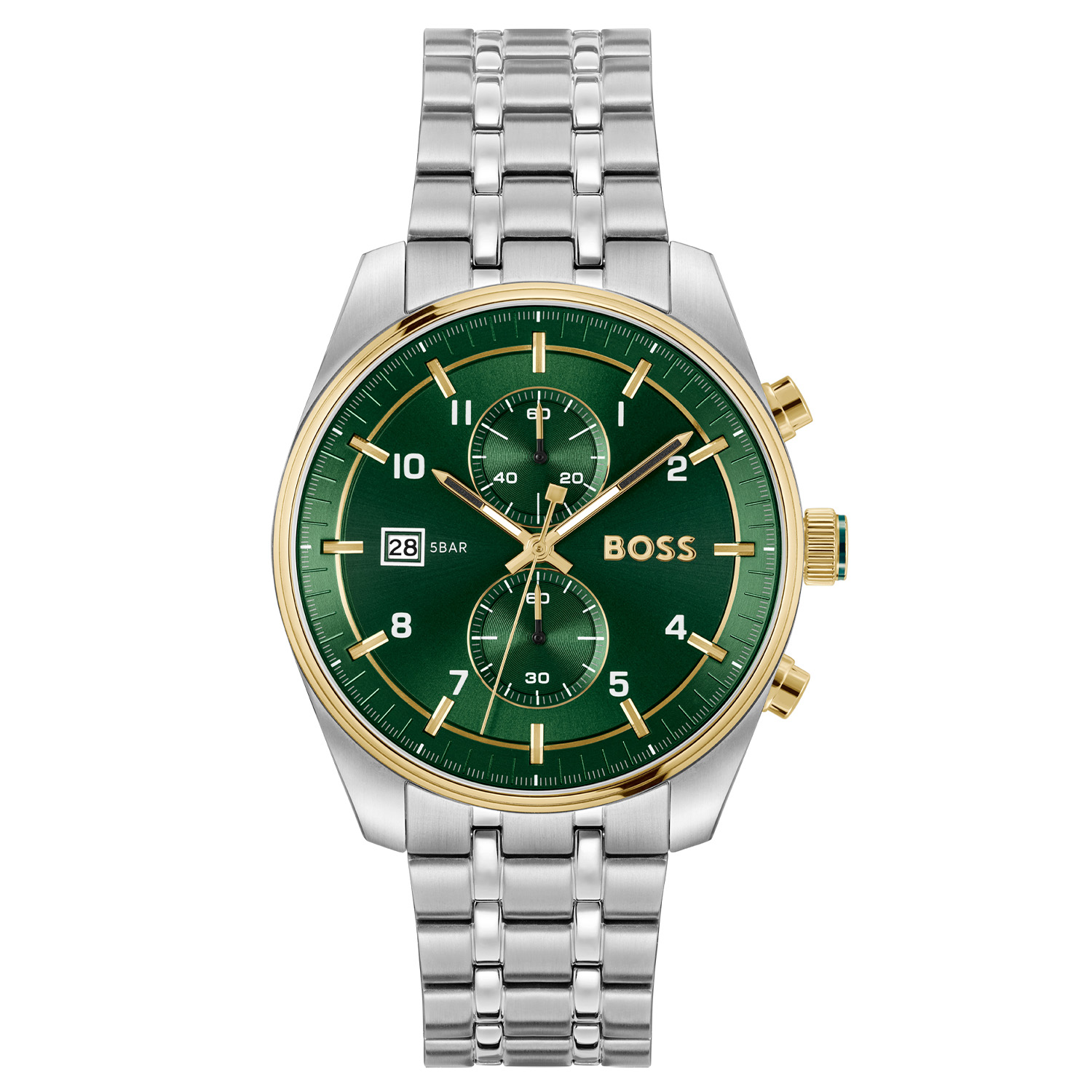 BOSS HB1514195 SKYTRAVELLER Herenhorloge 44mm 
Dit BOSS horloge uit de SKYTRAVELLER serie met artikelnr: HB1514195 heeft een luxe sportieve uitstraling. Zeer geschikt voor de moderne stijlvolle man van nu. Het herenhorloge valt op door zijn stalen horlogekast met een gladde goudkleurige bezel en een donker groene sunray wijzerplaat met een chronograaf en datum. Opvallend zijn de wijzers die met kleur en lumibrite de tijd aangeven. Aan de kast zit een stalen fijne schakelband met vouwsluiting. Het horloge heeft een doorsnee van 44mm met een mineraalglas en is 5ATM. 

HET MERK:
HUGO BOSS is afgestemd op levensstijlen waar het gaat om kwaliteit en precisie. Het wereldwijde fashionlabel is verdeeld in twee merken: BOSS en HUGO. Het merk BOSS biedt geavanceerde, moderne horloges gericht op kwaliteit en design om een onberispelijke look te cre&euml;ren &ndash; of het nu zakelijk, casual of sportief is. De horloge collectie van BOSS is perfect afgestemd op levensstijlen waar het gaat om kwaliteit en precisie. BOSS is op maat gemaakt in een onberispelijke stijl.

Blijf stijlvol bij de tijd. Voor de BOSS-vrouw is stijl het handelsmerk en draait alles om
details. Breng uw look naar een hoger niveau met onze nieuwe en kenmerkende horlogecollectie.

SPECIFICATIES:
- Mineraalglas
- Ronde kastvorm, &Oslash; 44mm
- Stalen horlogekast
- Groene wijzerplaat
- Stalen schakelband
- 5ATM