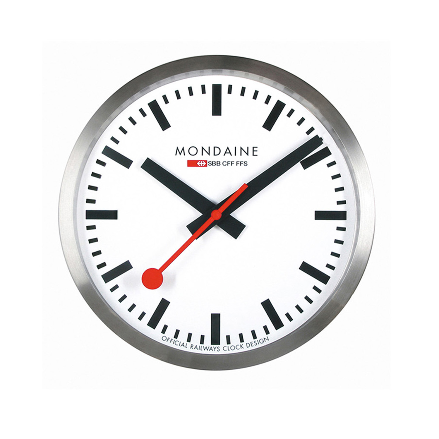 Mondaine M990.CLOCK.16SBB Clock
Deze Swiss Railway design Wandklok van Mondaine is gematteerd aluminium en heeft een diameter van 25 cm.  De secondewijzer met het kenmerkende rode bolletje tikt iedere seconde een stapje verder. Het uurwerk loopt op 1AA batterij (niet meegeleverd).

HET MERK 
The Official Swiss Railway Watch. Gebaseerd op de offici&euml;le stationsklok van de Zwitserse spoorwegen, is 30 jaar geleden de horlogelijn onder het merk Mondaine opgezet. Zwitserse kwaliteitsuurwerken, net zo punctueel als de Zwitserse treinen. 
Een echte design klassieker met een unieke wijzerplaat en de wereldberoemde rode secondewijzer met bolletje. Herkenbaar uit duizenden.

SPECIFICATIES
- Mineraalglas
- Ronde kastvorm, &Oslash; 25 cm
- Witte wijzerplaat van de originele stationsklok
- Swiss Made