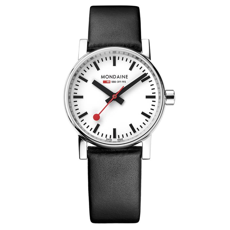 Mondaine - MSE.30110.LB - Evo2
Dit design dameshorloge uit de Mondaine Evo2 serie is een stijlvol horloge uit de eerste &lsquo;Official Swiss Railway Watch&rsquo; serie. Het horloge heeft krasvast saffierglas en een glanzende licht gebolde horlogekast met een kastdiameter van 30 mm. De band van het horloge is van leer. 

HET MERK 
The Official Swiss Railway Watch. Gebaseerd op de offici&euml;le stationsklok van de Zwitserse spoorwegen, is 30 jaar geleden de horlogelijn onder het merk Mondaine opgezet. Zwitserse kwaliteitsuurwerken, net zo punctueel als de Zwitserse treinen. 
Een echte design klassieker met een unieke wijzerplaat en de wereldberoemde rode secondewijzer met bolletje. Herkenbaar uit duizenden.

SPECIFICATIES
- Krasvast saffierglas
- Licht gebolde kastvorm, &Oslash; 30 mm
- Glanzende stalen horlogekast
- Witte wijzerplaat van de originele stationsklok
- Zwart lederen horlogeband met glanzende stalen gesp
- Swiss Made