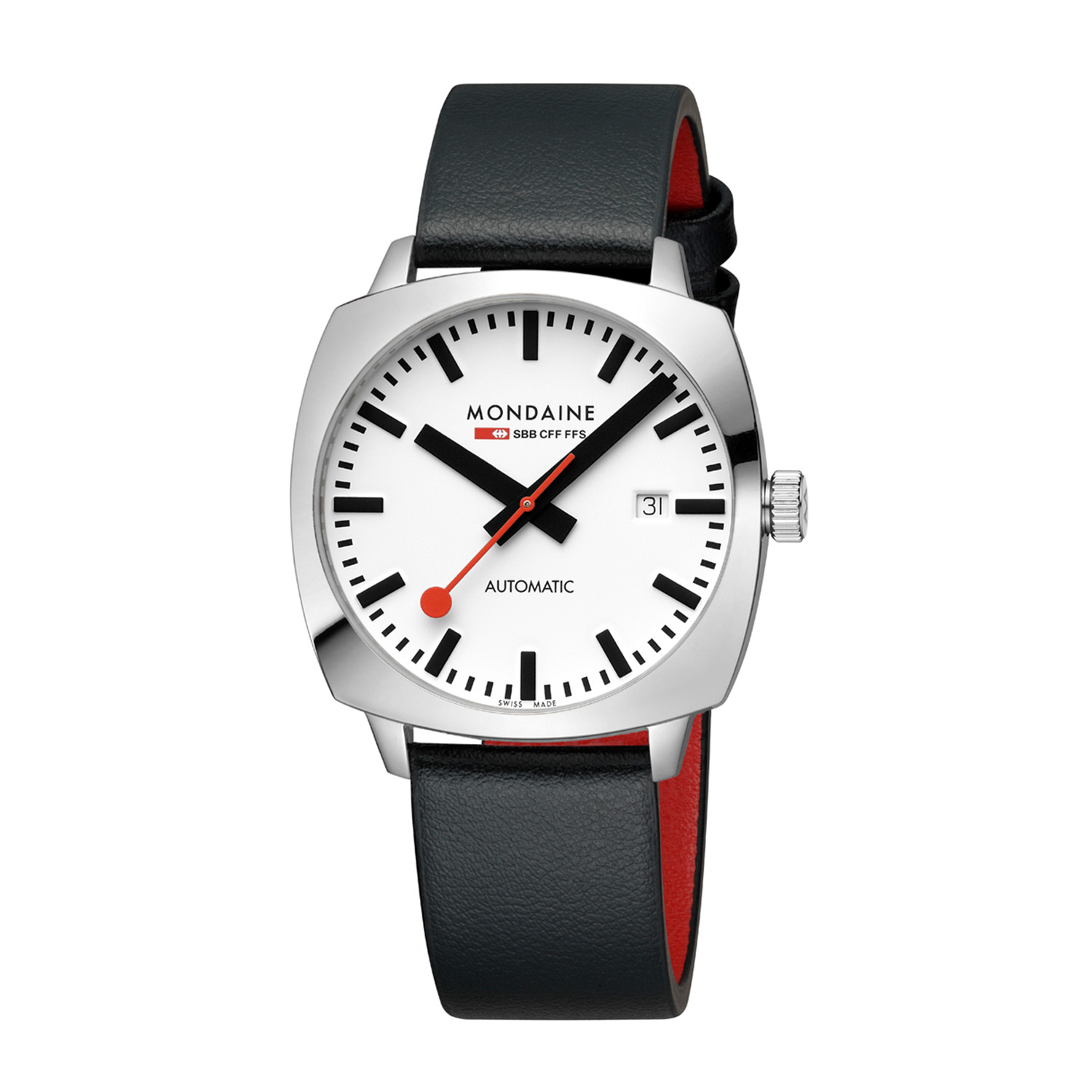 Mondaine MSL.3961B.LBV Horloge - Automaat - Vegan strap zwart - 39mm  
Dit unieke Mondaine horloge met nummer: MSL.3961B.LBV uit de Cushion serie combineert vintage met Zwitserse technologie en kenmerkt de livestyle van vandaag. Het horloge is geschikt voor mannen en vrouwen. De zilverkleurige sierlijke vierkante horlogekast heeft een witte wijzerplaat met backlight en een opengewerkte achterdeksel waardoor het automatische uurwerk zichtbaar is. Op de wijzerplaat is de uursaanduiding met zwarte strepen duidelijk zichtbaar met als blikvanger de rode secondewijzer, net als de wel bekende stationsklok. Aan de kast zit een zwarte vegan horlogeband met een gespsluiting en easy click. Het horloge is Swiss Made automatic, heeft een saffierglas met anti-reflexi coating, een doorsnee van 39mm en is 10ATM. 

Het Merk:
The Official Swiss Railway Watch. Gebaseerd op de offici&euml;le stationsklok van de Zwitserse spoorwegen, is 30 jaar geleden de horlogelijn onder het merk Mondaine opgezet. Zwitserse kwaliteitsuurwerken, net zo punctueel als de Zwitserse treinen. Een echte design klassieker met een unieke wijzerplaat en de wereldberoemde rode secondewijzer met bolletje. Herkenbaar uit duizenden.

Specificaties:
- Saffierglas
- Witte wijzerplaat
- Swiss Made Automatic
- 10ATM (Geschikt om mee te zwemmen en snorkelen)
- 39mm