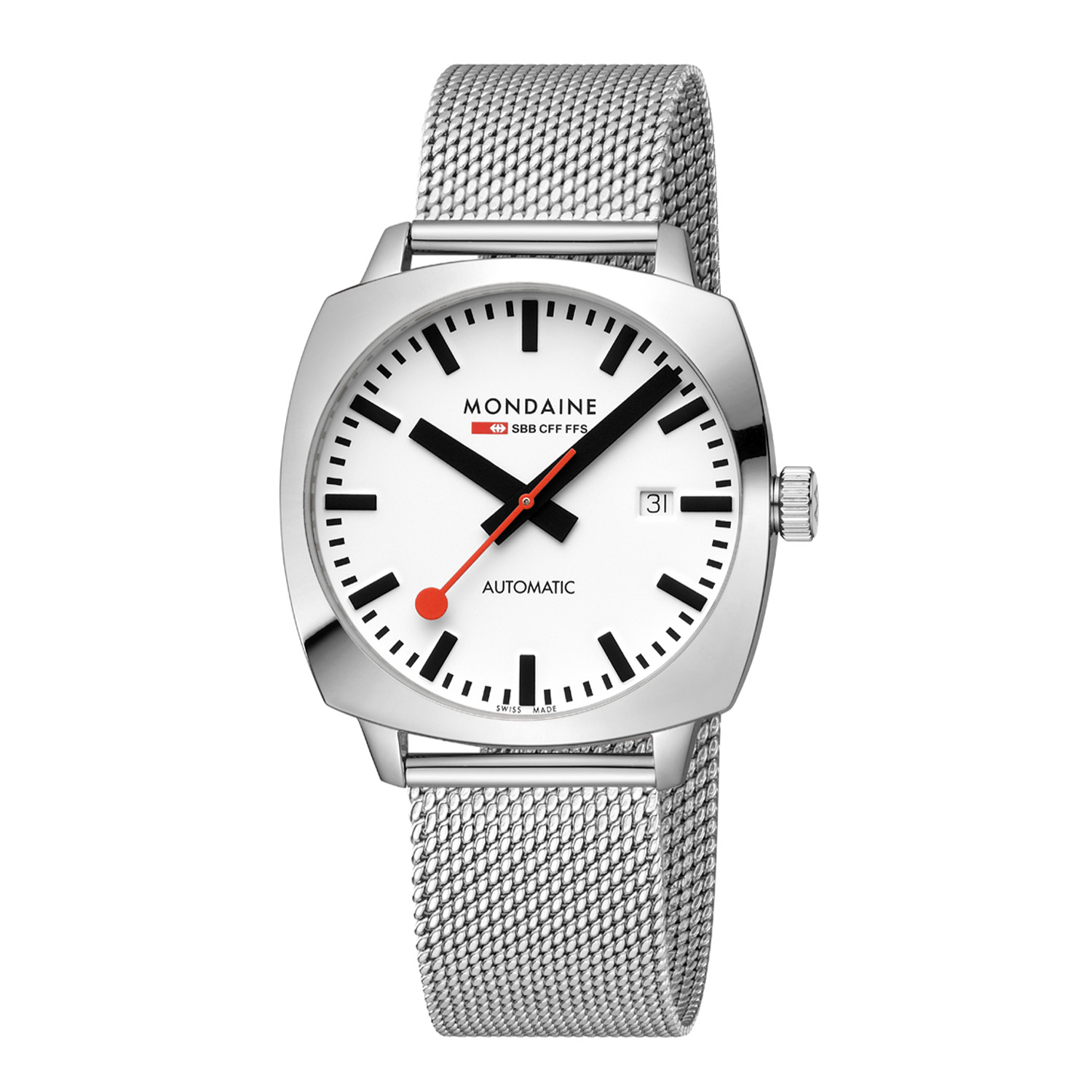 Mondaine MSL.3961B.SM Horloge - Automaat - Milanees - 39mm  
Dit unieke Mondaine horloge met nummer: MSL.3961B.SM uit de Cushion serie combineert vintage met Zwitserse technologie en kenmerkt de livestyle van vandaag. Het horloge is geschikt voor mannen en vrouwen. De zilverkleurige sierlijke vierkante horlogekast heeft een witte wijzerplaat met backlight en een opengewerkte achterdeksel waardoor het automatische uurwerk zichtbaar is. Op de wijzerplaat is de uursaanduiding met zwarte strepen duidelijk zichtbaar met als blikvanger de rode secondewijzer, net als de wel bekende stationsklok. Aan de kast zit een milanese band met een druksluiting en easy click. Het horloge is Swiss Made automatic, heeft een saffierglas met anti-reflexi coating, een doorsnee van 39mm en is 10ATM. 

Het Merk:
The Official Swiss Railway Watch. Gebaseerd op de offici&euml;le stationsklok van de Zwitserse spoorwegen, is 30 jaar geleden de horlogelijn onder het merk Mondaine opgezet. Zwitserse kwaliteitsuurwerken, net zo punctueel als de Zwitserse treinen. Een echte design klassieker met een unieke wijzerplaat en de wereldberoemde rode secondewijzer met bolletje. Herkenbaar uit duizenden.

Specificaties:
- Saffierglas
- Witte wijzerplaat
- Swiss Made Automatic
- 10ATM (Geschikt om mee te zwemmen en snorkelen)
- 39mm