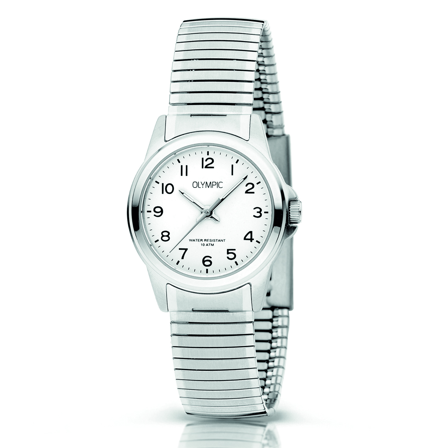 Olympic OL26DSS143 CHARLIE - Horloge - Staal - Wit - Rekband - 27mm
Dit unieke Olympic horloge met artikelnummer: OL26DSS143 is een klassiek dameshorloge. Het horloge heeft een geborstelde matte zilverkleurige kast met een witte wijzerplaat en zwarte arabische cijfers en zilverkleurige wijzers. Aan het horloge zit een mat/glimmende stalen rekband zonder sluiting. Het horloge heeft een mineraalglas, een afmeting van 27mm en is 10 ATM. Zeer geschikt voor oudere mensen en klanten die moeite hebben met sluitingen.

Waterdichtheid 10 ATM
Dit horloge is bestand tegen water bij het zwemmen en douchen. Dit horloge is niet bestand tegen (grote) waterdruk dus je kunt er niet mee duiken.

Het merk:
Het Nederlandse horlogemerk Olympic levert stoere chronografen, slimline series, digitale uurwerken en elegante dameshorloges. De prijs-kwaliteitverhouding staat bij Olympic hoog in het vaandel met prijzen die uiteenlopen van &euro; 34,95 tot en met &euro; 139,00.

100% Nederlands ontwerp, waterdicht en standaard 3 jaar fabrieksgarantie.

Specificaties:
- Ronde kast
- Zilverkleurige horlogekast
- Witte wijzerplaat 
- Zilverkleurige rekband
- 10 ATM (Regen- & spatwaterdicht)
- Standaard 3 jaar fabrieksgarantie
- Mineraalglas