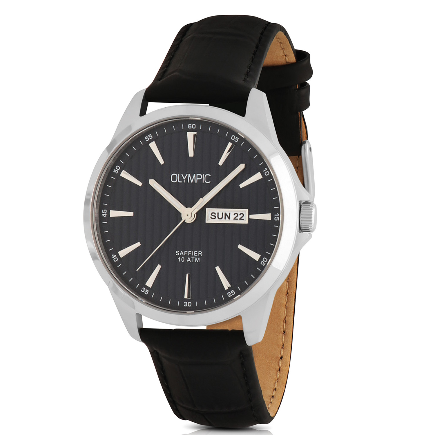 De Olympic OL26HSL080 herenhorloge heeft een zwart lederen band en een zilverkleurige roestvrijstalen kast van 41mm. Deze analoge quartz horloge beschikt over een datumaanduiding, is 10 ATM waterdicht, nikkelvrij en anti-allergisch. Ideaal voor dagelijks gebruik of formele gelegenheden. Draag het met zakelijke of casual outfits voor een stijlvolle look.