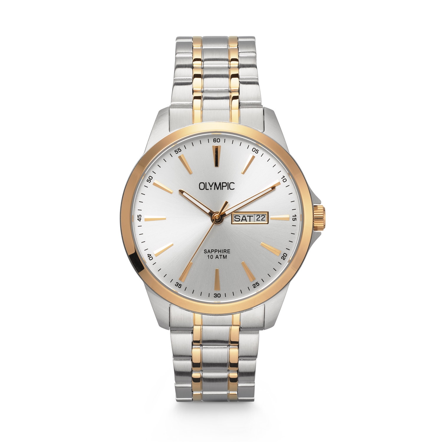 Olympic OL26HSS321B John Horloge Staal 41mm 
Dit unieke Olympic horloge met artikelnummer: OL26HSS321B is een herenhorloge met een classic sportieve uitstraling. Het horloge heeft een ronde stalen kast met een goudkleurige bezel en een zilverkleurige wijzerplaat met goudkleurige uurstrepen en lumibrite op de goudkleurige wijzers. Aan de kast zit een stalen mat glanzende bicolor schakelband met vouwsluiting. Het horloge heeft een saffierglas, een doorsnee van 41mm en is 10ATM. Handig met dag en datum.