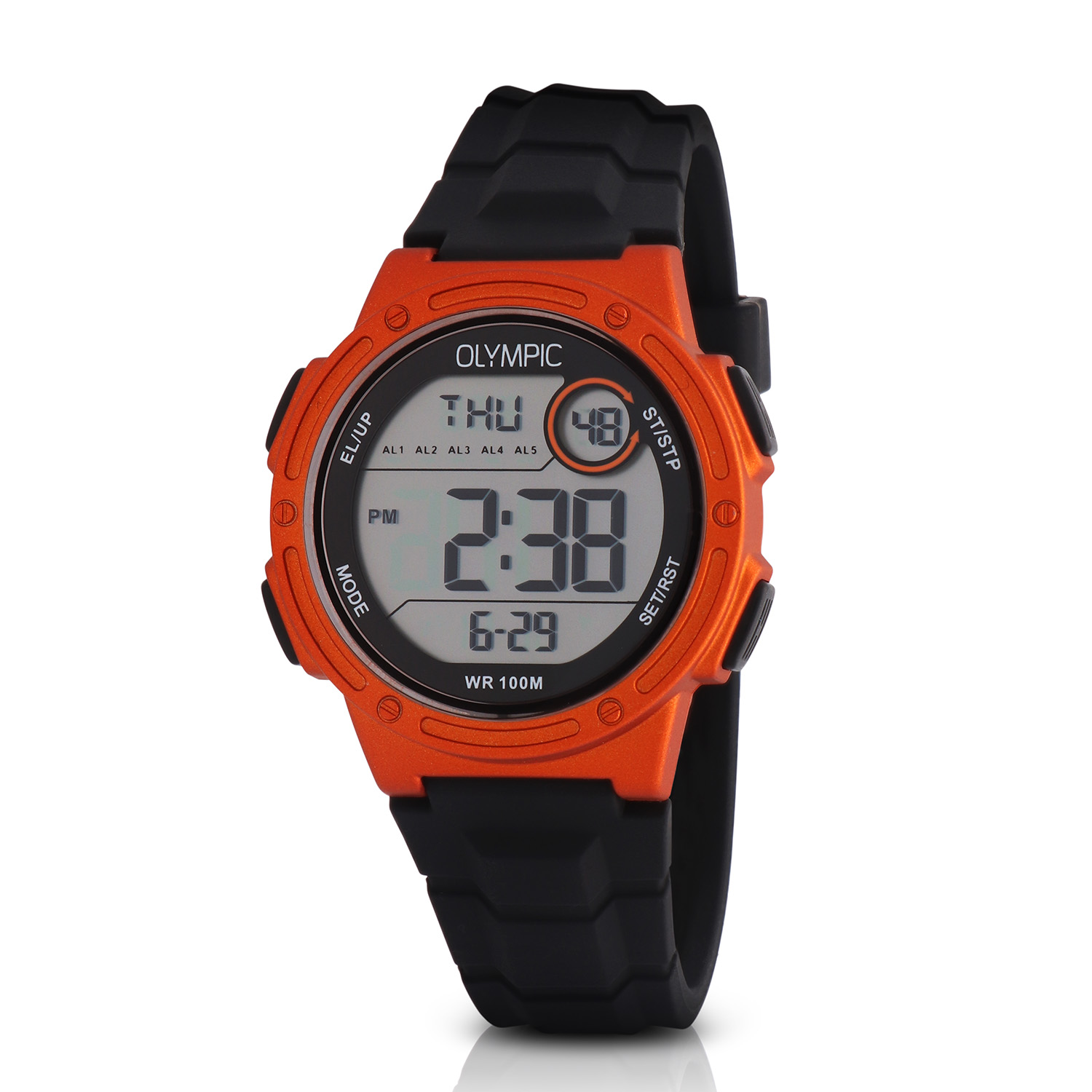 Olympic OL45HKR018 Digital Horloge Kids Oranje/Zwa 40mm Dit unieke Olympic horloge met artikelnummer: OL45HKR018 is een digitaal kinder horloge met een sportieve uitstraling. De kunststof kast heeft 4 drukknoppen waarmee je de verschillende functies kan bedienen. De horloges zijn in verschillende kleur samenstellingen en verschillende grootte te krijgen. Het horloge heeft tijd,- datum,- dag,- aanduiding. Ook heeft het een timer, alarm en stopwatch functie. Dit geeft het horloge vele mogelijkheden. Aan de kast zit een gelijk gekleurde siliconen band met een gespsluiting. Het horloge heeft een kunststofglas, een doorsnee van 40mm en is 10ATM. Waterdichtheid 10ATM Dit horloge is bestand tegen water bij het zwemmen en douchen. Dit horloge is niet bestand tegen (grote) waterdruk dus je kunt er niet mee duiken. Het merk: Het Nederlandse horlogemerk Olympic levert stoere chronografen, slimline series, digitale uurwerken en elegante dameshorloges. De prijs-kwaliteitverhouding staat bij Olympic hoog in het vaandel met prijzen die uiteenlopen van &euro; 34,95 tot en met &euro; 159,00. 100% Nederlands ontwerp, waterdicht en standaard 3 jaar fabrieksgarantie. Specificaties: - Ronde kast &Oslash; 40mm - Digitaal uurwerk - Siliconen band - Oranje - 10ATM - Standaard 3 jaar fabrieksgarantie - Kunststofglas