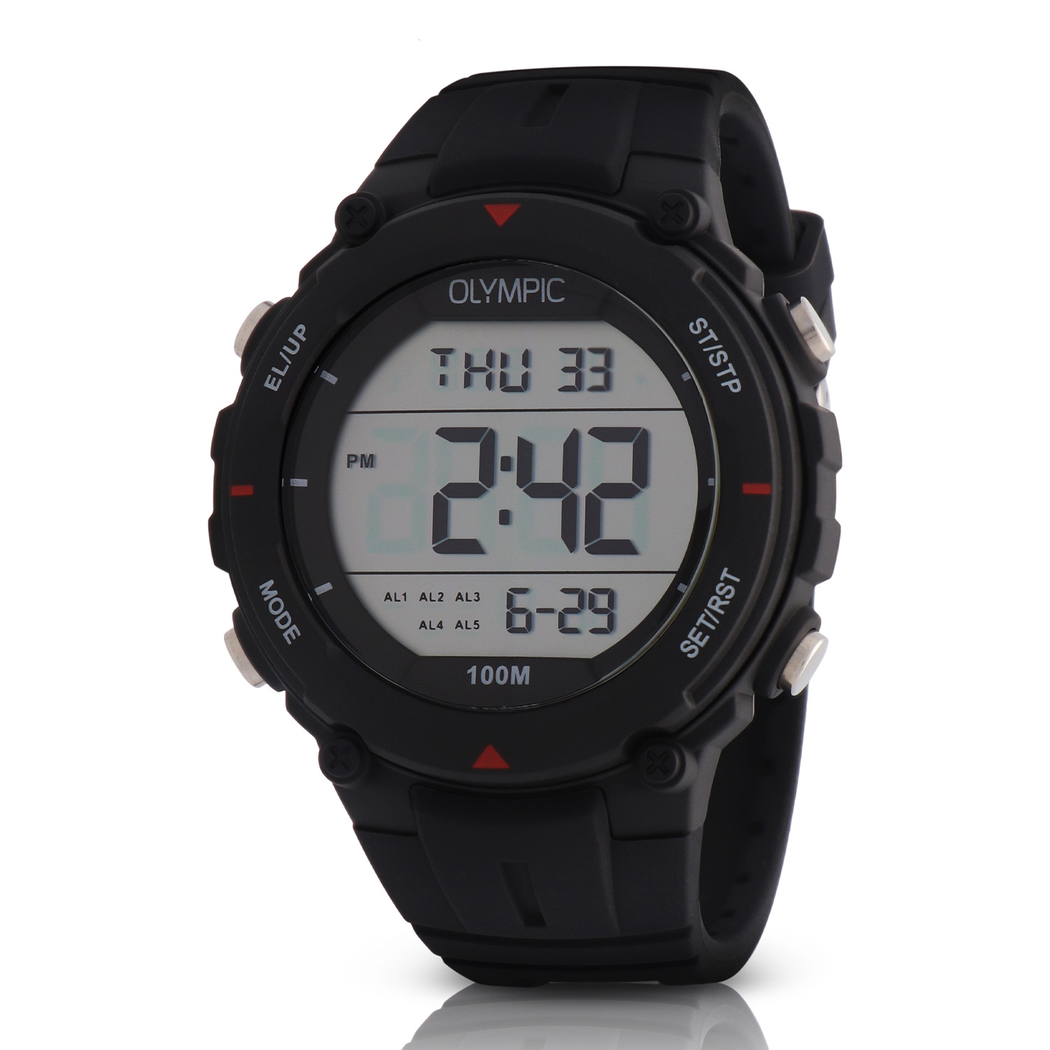 Olympic OL45HKR024 Digital Horloge Kids Zwa/Rood 46mm Dit unieke Olympic horloge met artikelnummer: OL45HKR024 is een digitaal kinder horloge met een sportieve uitstraling. De kunststof kast heeft 4 drukknoppen waarmee je de verschillende functies kan bedienen. De horloges zijn in verschillende kleur samenstellingen en verschillende grootte te krijgen. Het horloge heeft tijd,- datum,- dag,- aanduiding. Ook heeft het een timer, alarm en stopwatch functie. Dit geeft het horloge vele mogelijkheden. Aan de kast zit een gelijk gekleurde siliconen band met een gespsluiting. Het horloge heeft een kunststofglas, een doorsnee van 46mm en is 10ATM. Waterdichtheid 10ATM Dit horloge is bestand tegen water bij het zwemmen en douchen. Dit horloge is niet bestand tegen (grote) waterdruk dus je kunt er niet mee duiken. Het merk: Het Nederlandse horlogemerk Olympic levert stoere chronografen, slimline series, digitale uurwerken en elegante dameshorloges. De prijs-kwaliteitverhouding staat bij Olympic hoog in het vaandel met prijzen die uiteenlopen van &euro; 34,95 tot en met &euro; 159,00. 100% Nederlands ontwerp, waterdicht en standaard 3 jaar fabrieksgarantie. Specificaties: - Ronde kast &Oslash; 46mm - Digitaal uurwerk - Siliconen band - Zwart - 10ATM - Standaard 3 jaar fabrieksgarantie - Kunststofglas